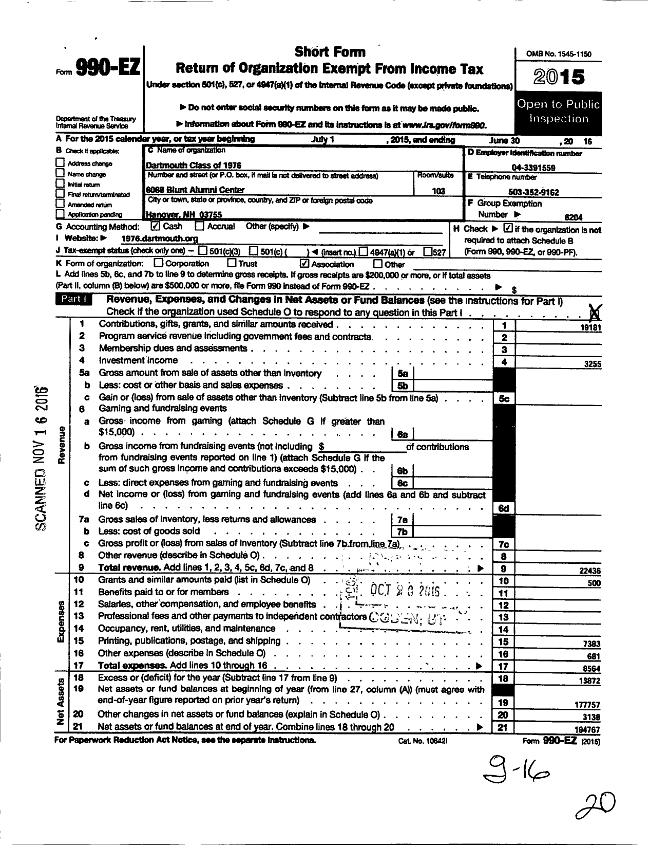 Image of first page of 2015 Form 990EO for Trustees of Dartmouth College - 1976 Class