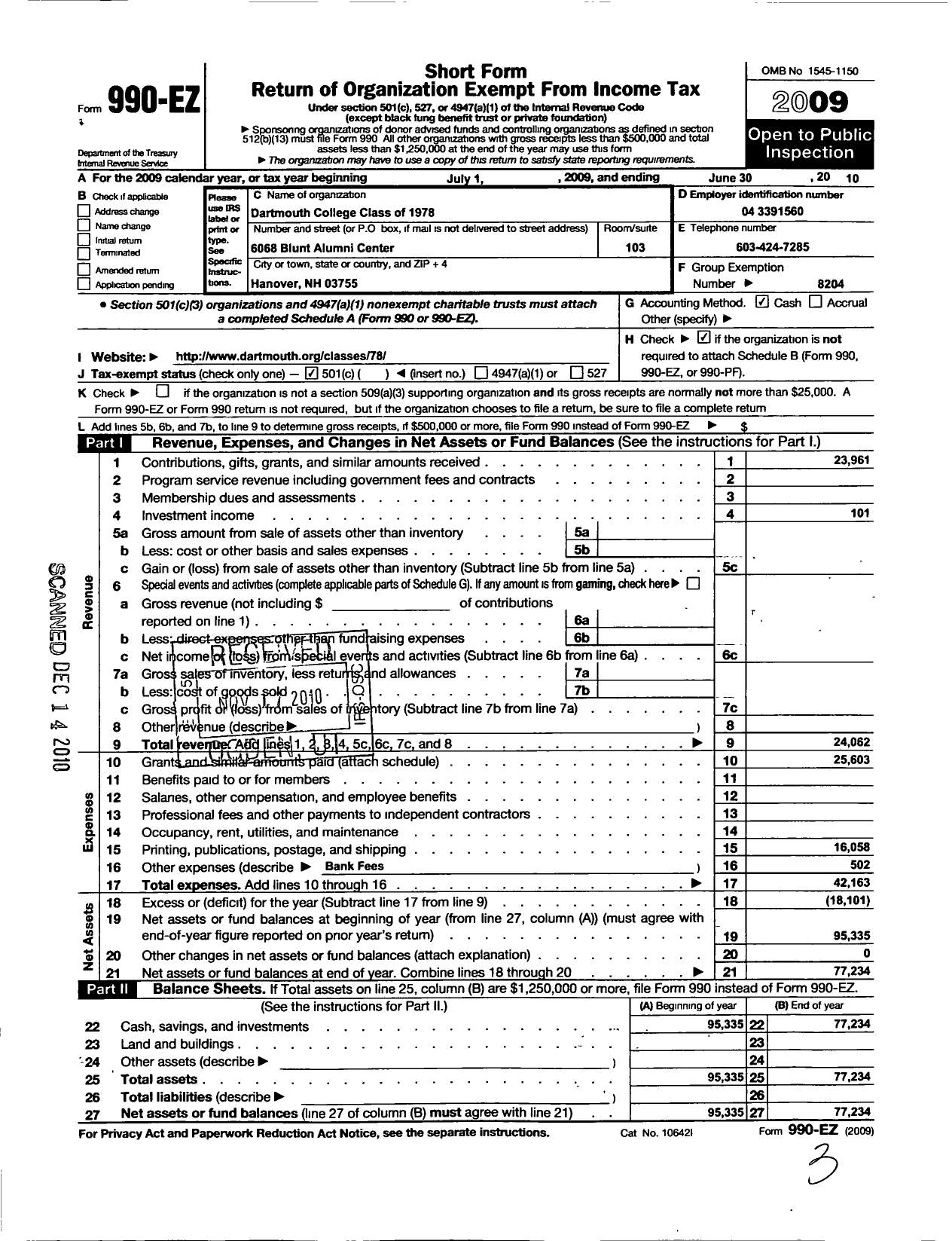 Image of first page of 2009 Form 990EO for Trustees of Dartmouth College - 1978 Class