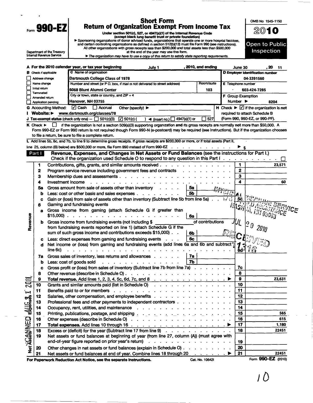 Image of first page of 2010 Form 990EO for Trustees of Dartmouth College - 1978 Class