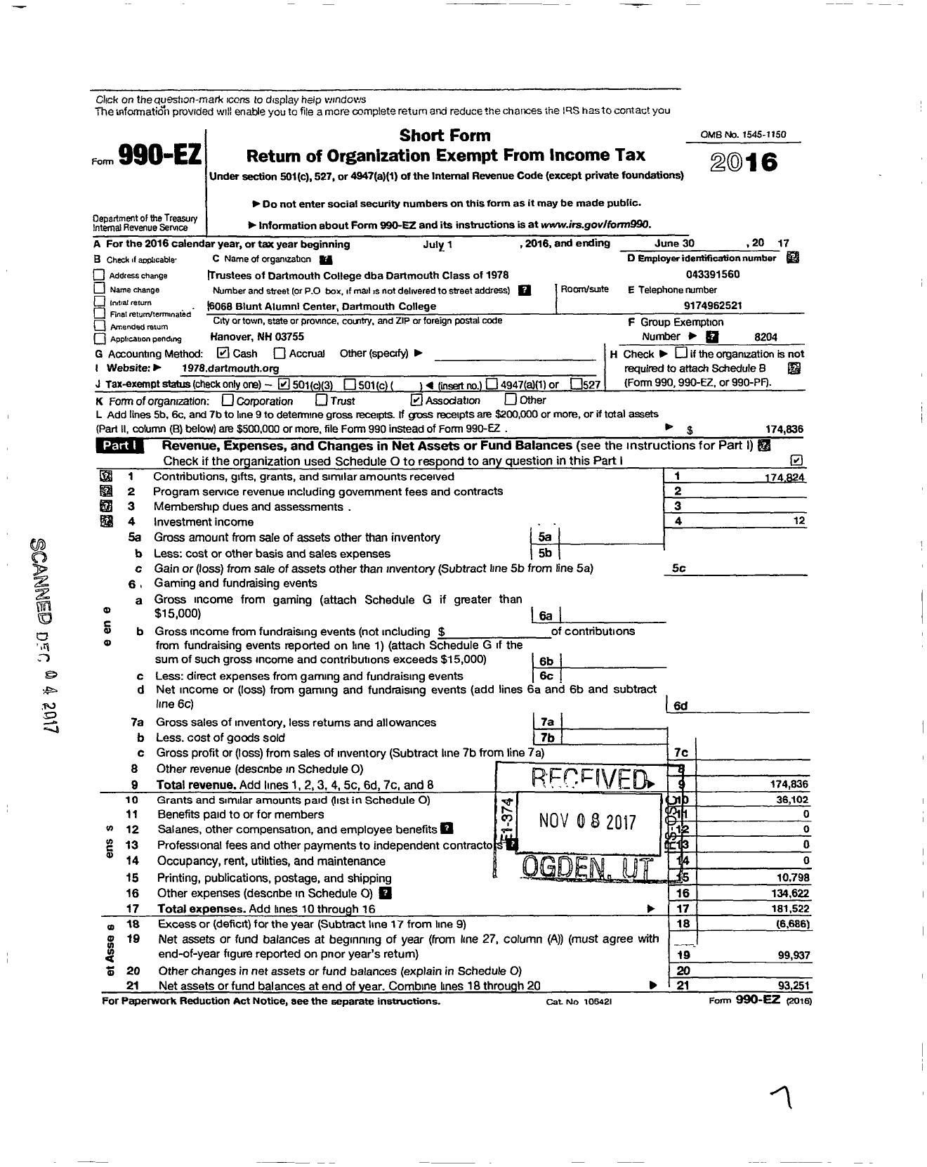 Image of first page of 2016 Form 990EZ for Trustees of Dartmouth College - 1978 Class