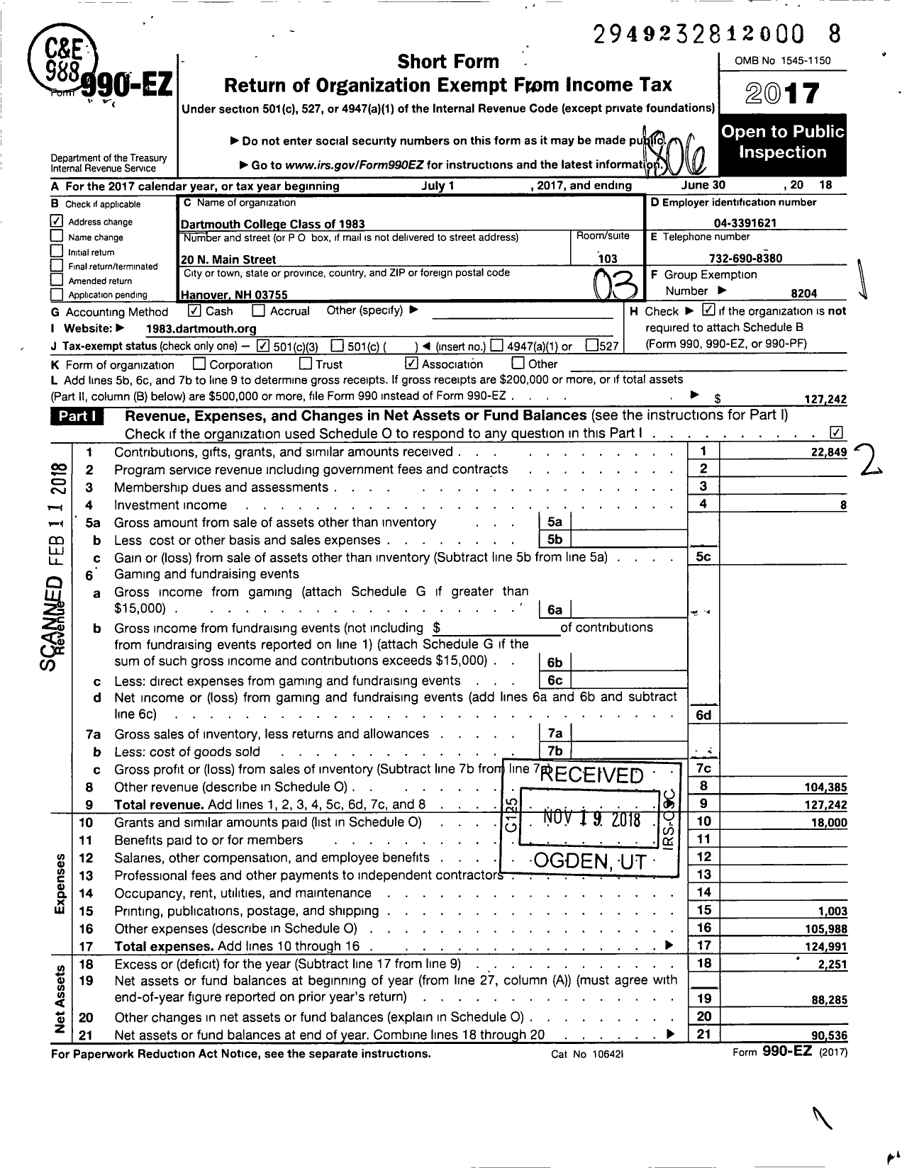 Image of first page of 2017 Form 990EZ for Trustees of Dartmouth College - Dartmouth Class of 1983