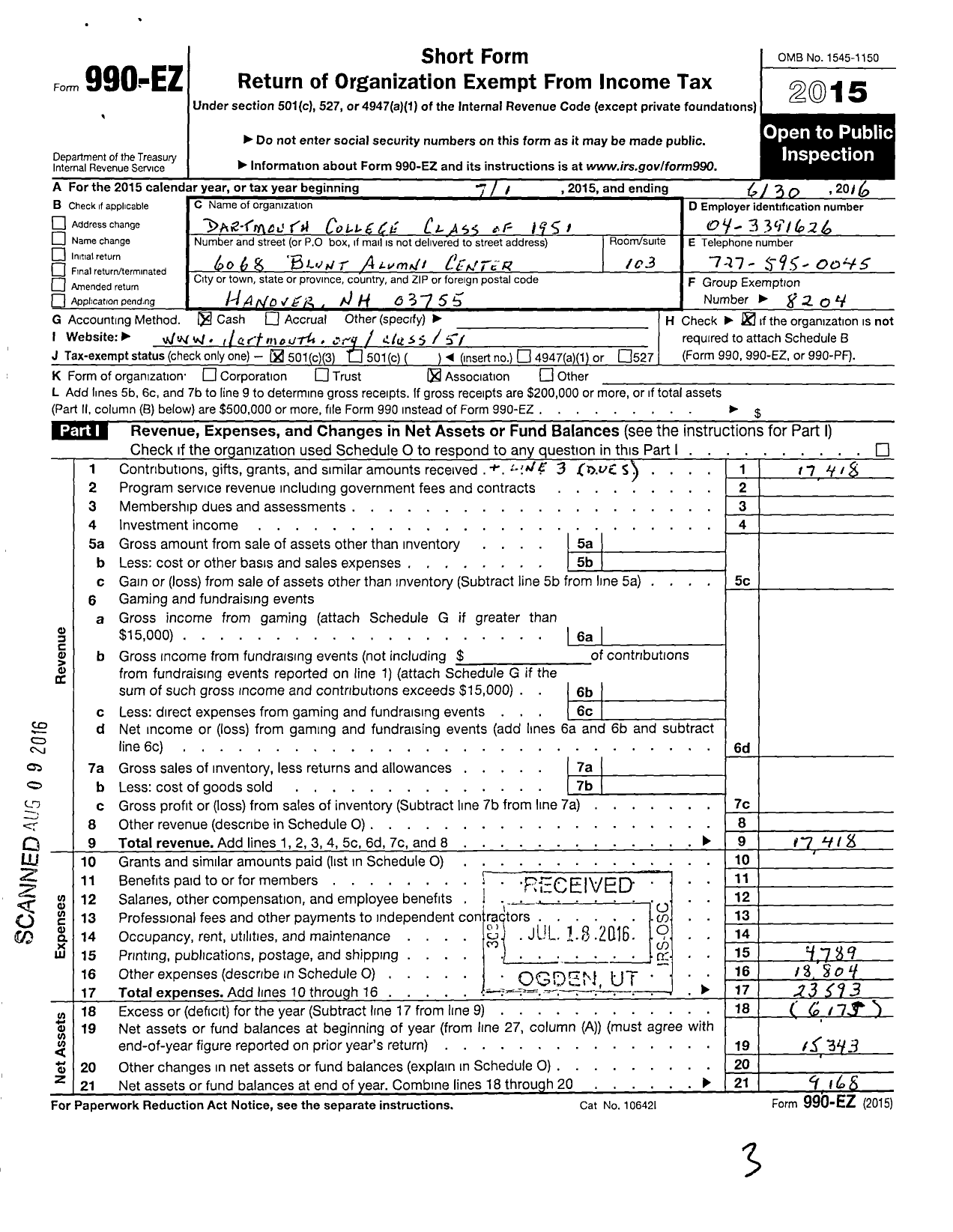 Image of first page of 2015 Form 990EZ for Trustees of Dartmouth College - 1951 Class