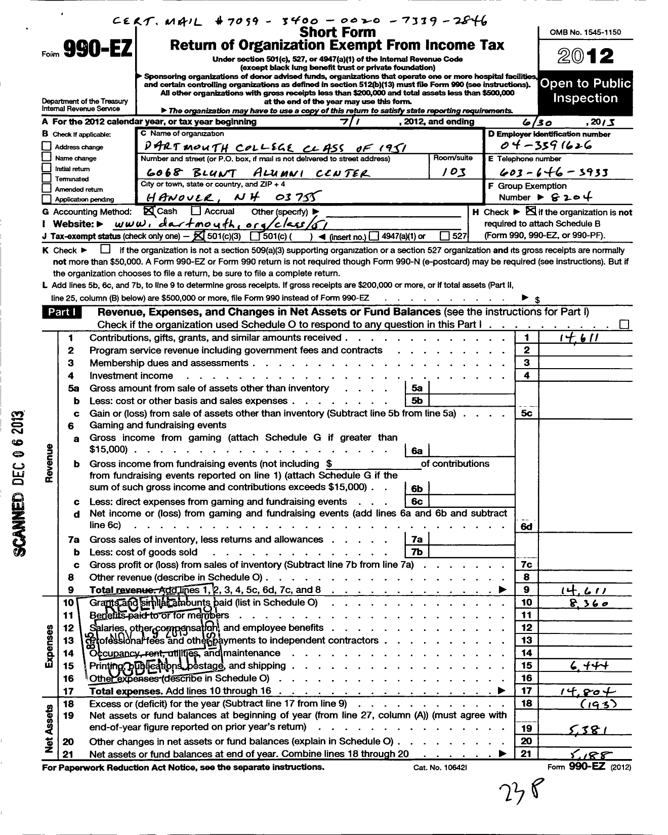 Image of first page of 2012 Form 990EZ for Trustees of Dartmouth College - 1951 Class