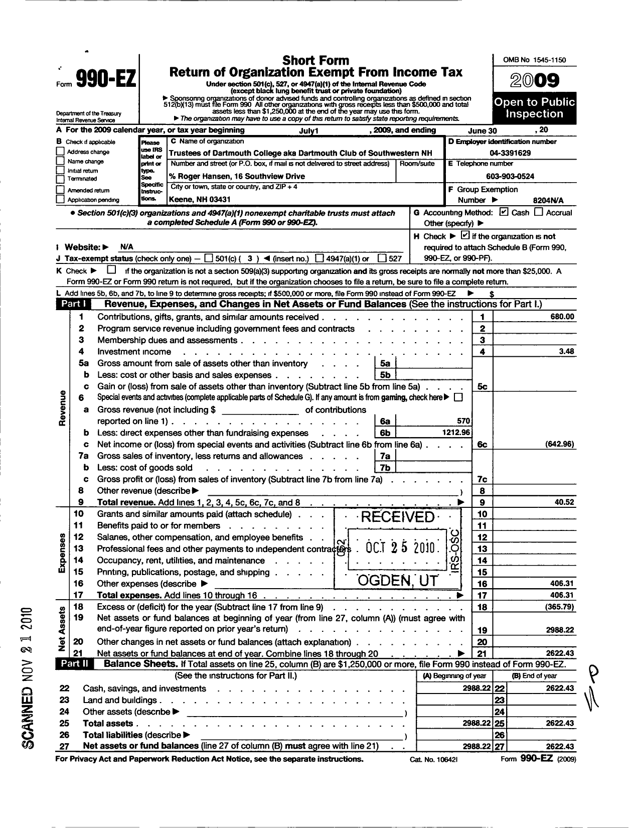 Image of first page of 2008 Form 990EZ for Trustees of Dartmouth College / Dartmouth Club of Southwestern NH