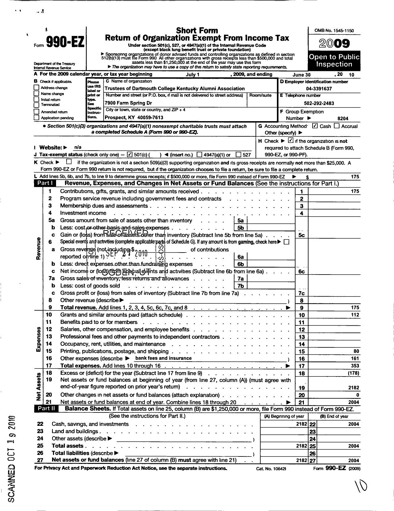 Image of first page of 2009 Form 990EO for Trustees of Dartmouth College / Kentucky Alumni Association