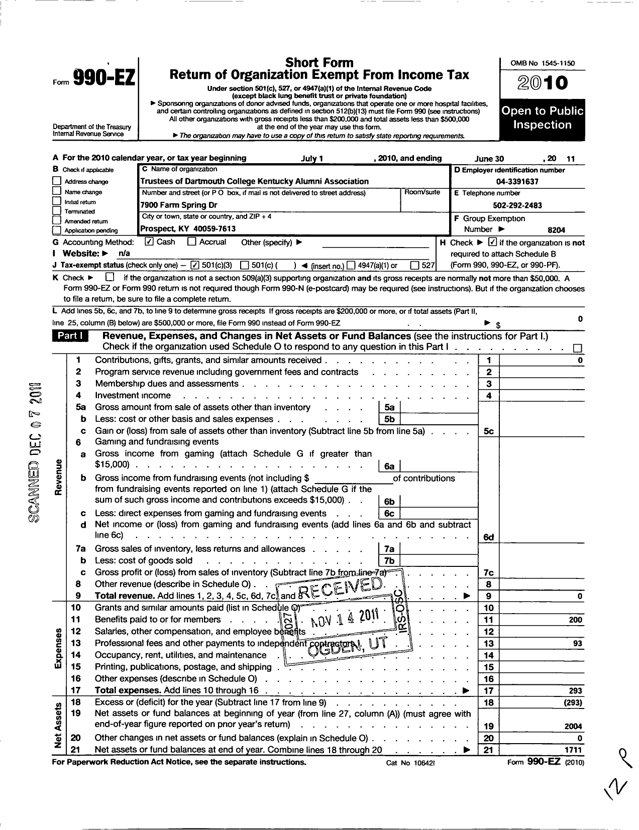 Image of first page of 2010 Form 990EZ for Trustees of Dartmouth College / Kentucky Alumni Association