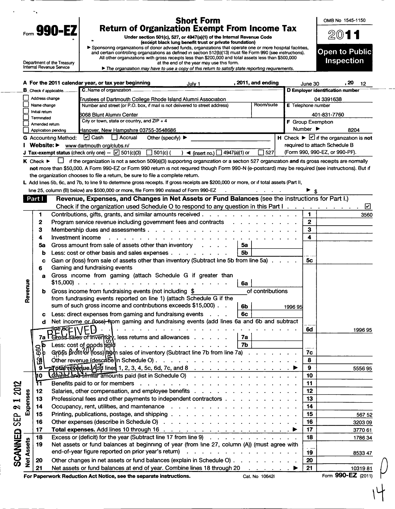 Image of first page of 2011 Form 990EZ for Trustees of Dartmouth College / Rhode Island Alumni Association