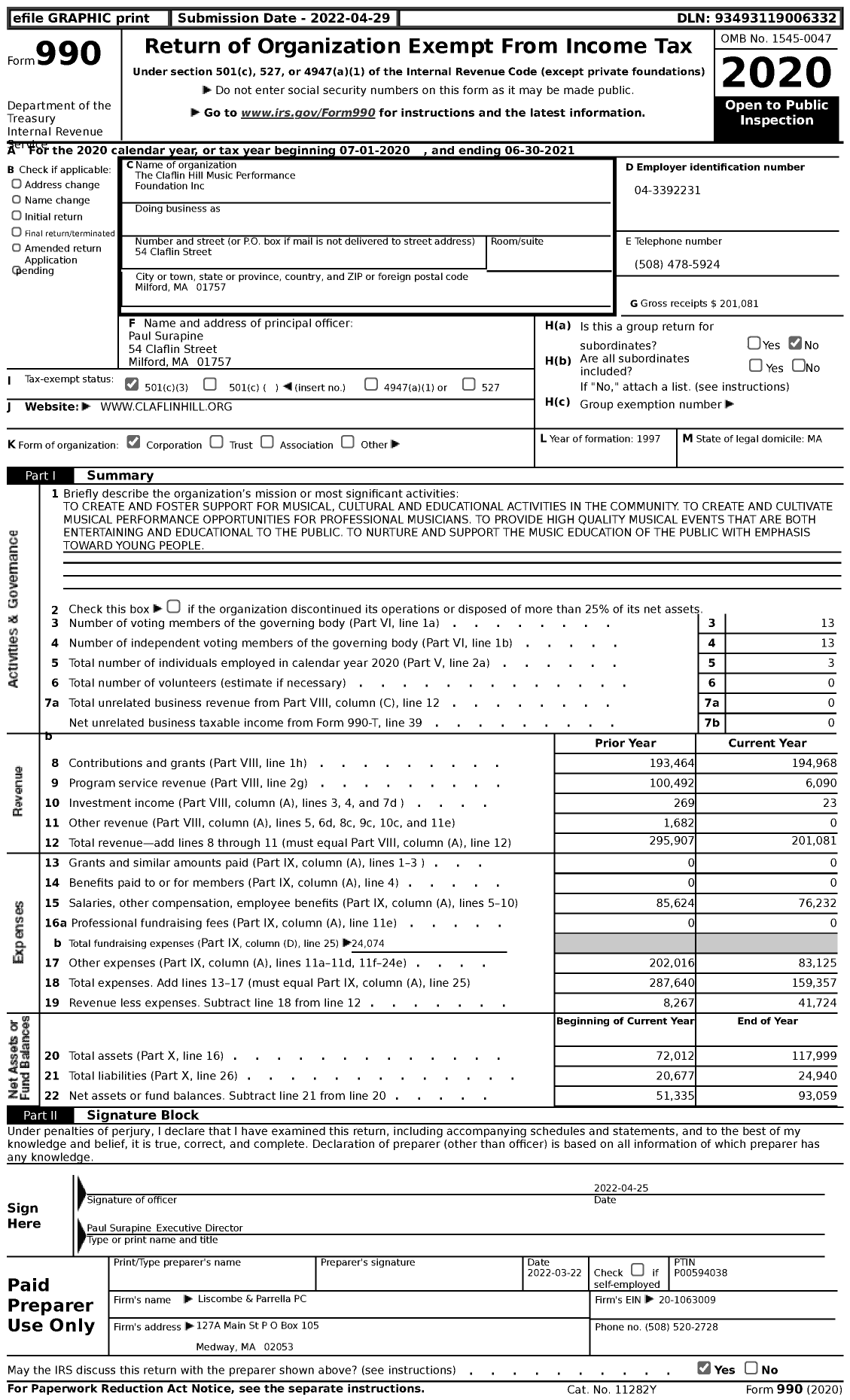 Image of first page of 2020 Form 990 for The Claflin Hill Music Performance Foundation