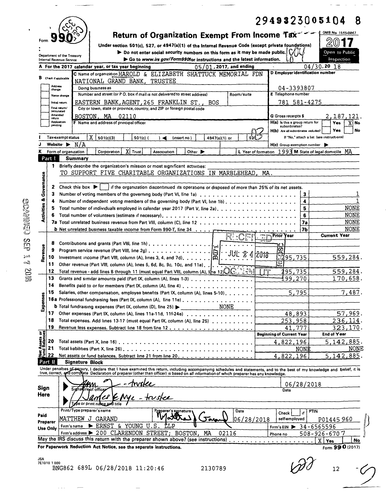Image of first page of 2017 Form 990 for Harold and Elizabeth Shattuck Memorial Foundation