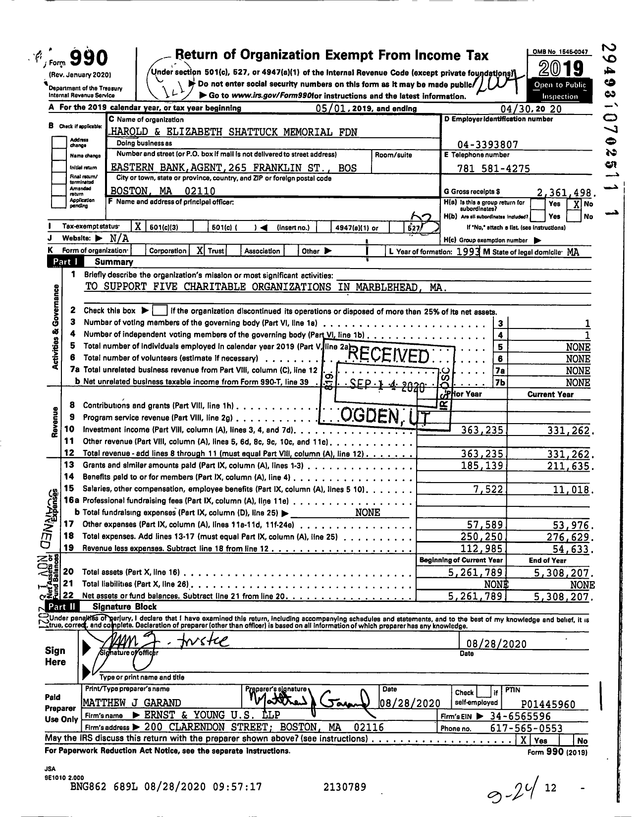 Image of first page of 2019 Form 990 for Harold and Elizabeth Shattuck Memorial Foundation