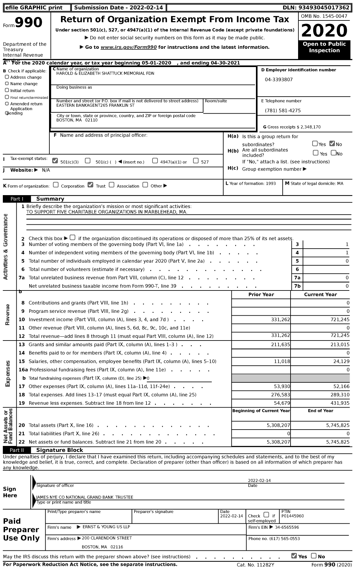 Image of first page of 2020 Form 990 for Harold and Elizabeth Shattuck Memorial Foundation