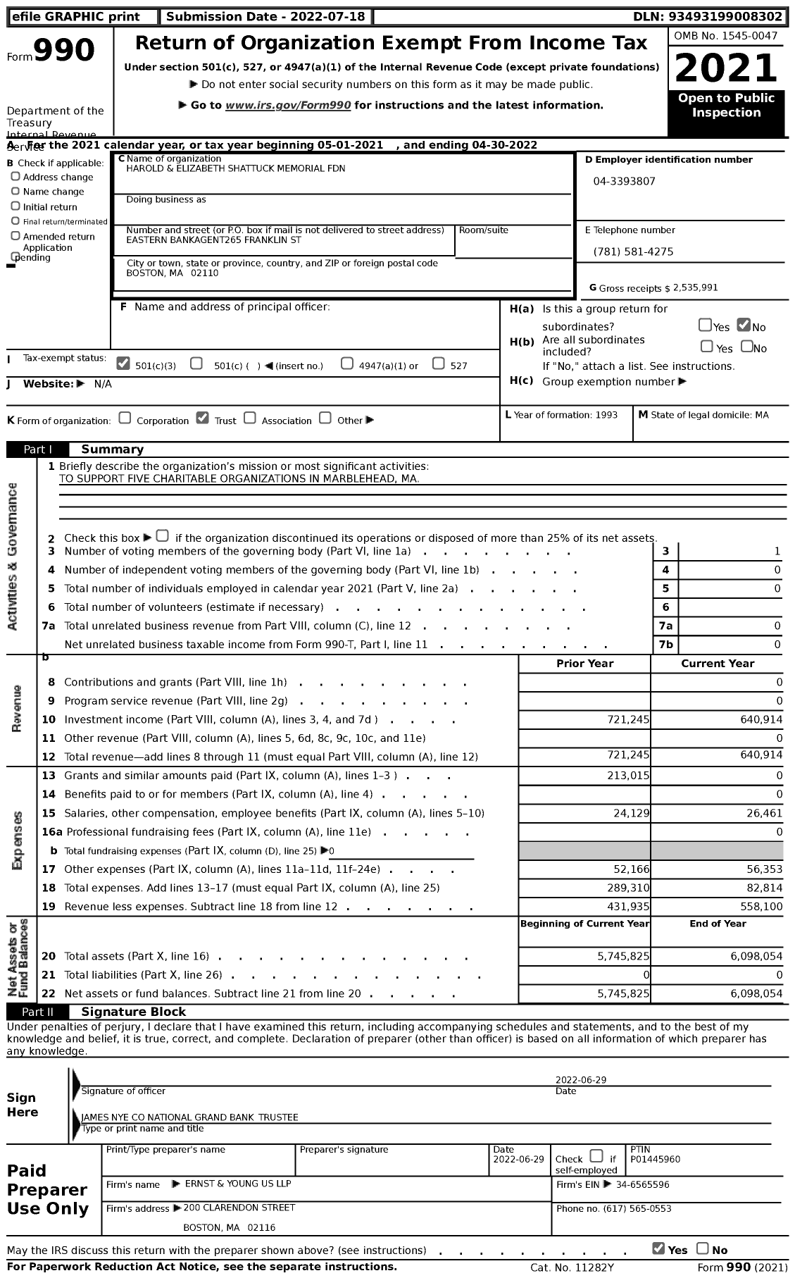 Image of first page of 2021 Form 990 for Harold and Elizabeth Shattuck Memorial Foundation