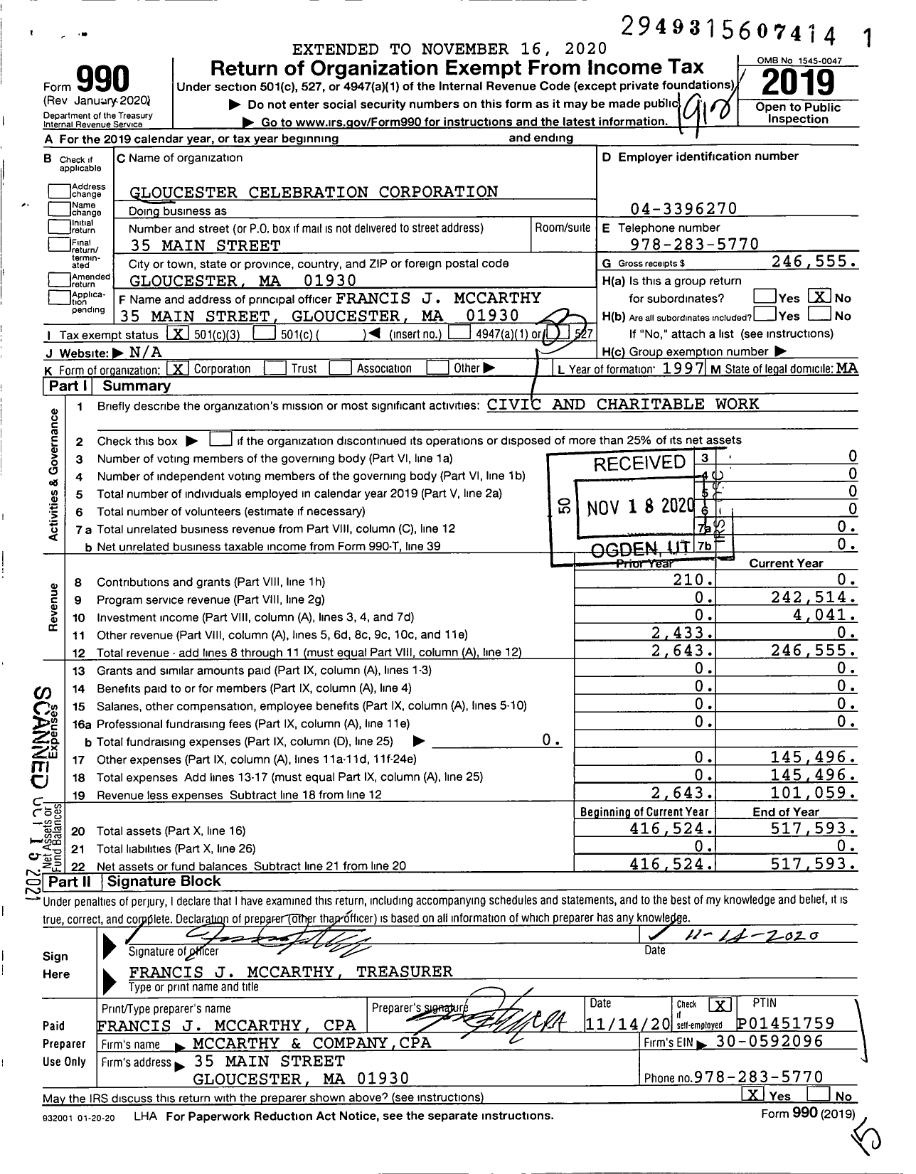 Image of first page of 2019 Form 990 for Gloucester Celebration Corporation