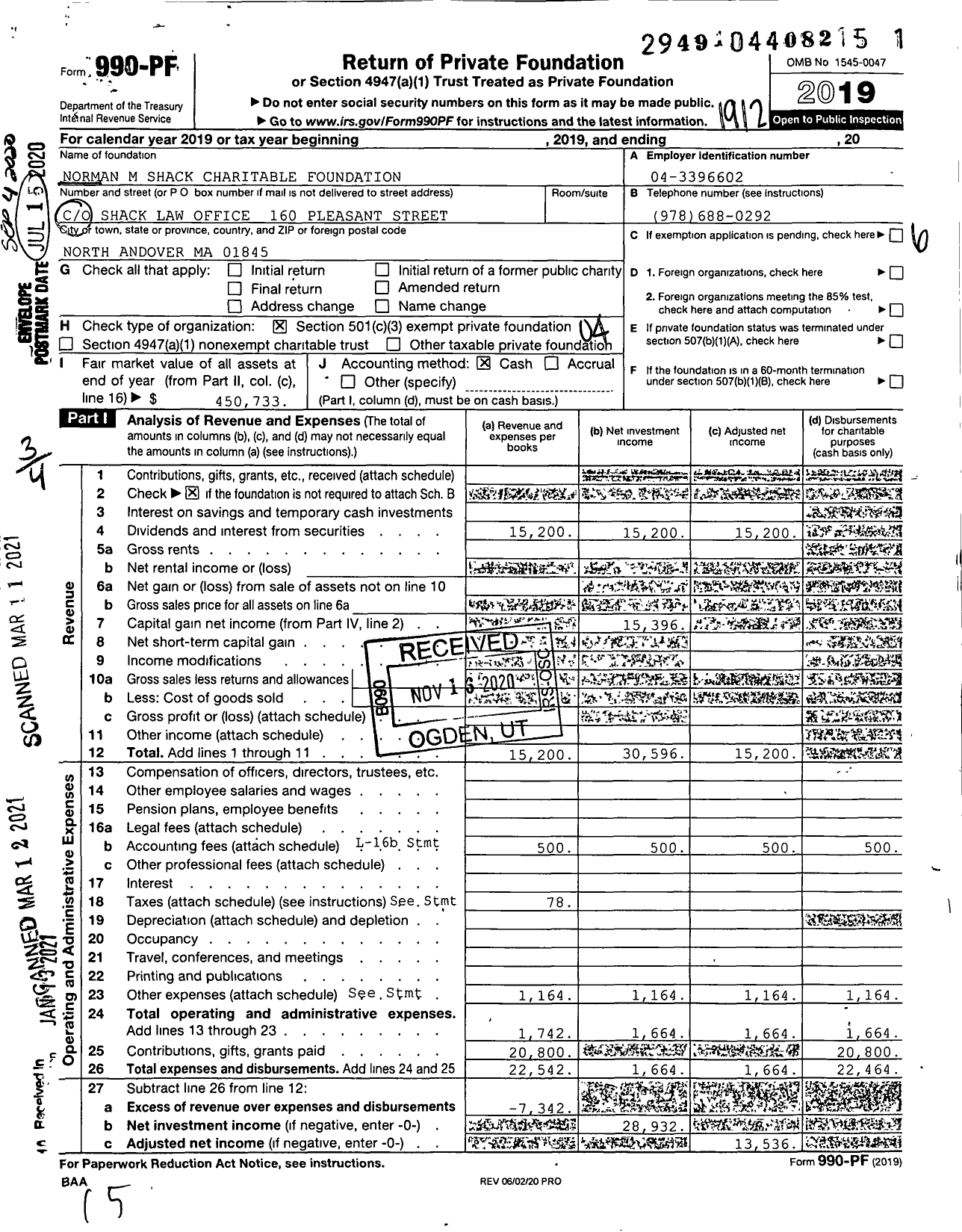 Image of first page of 2019 Form 990PF for Norman M Shack Charitable Foundation