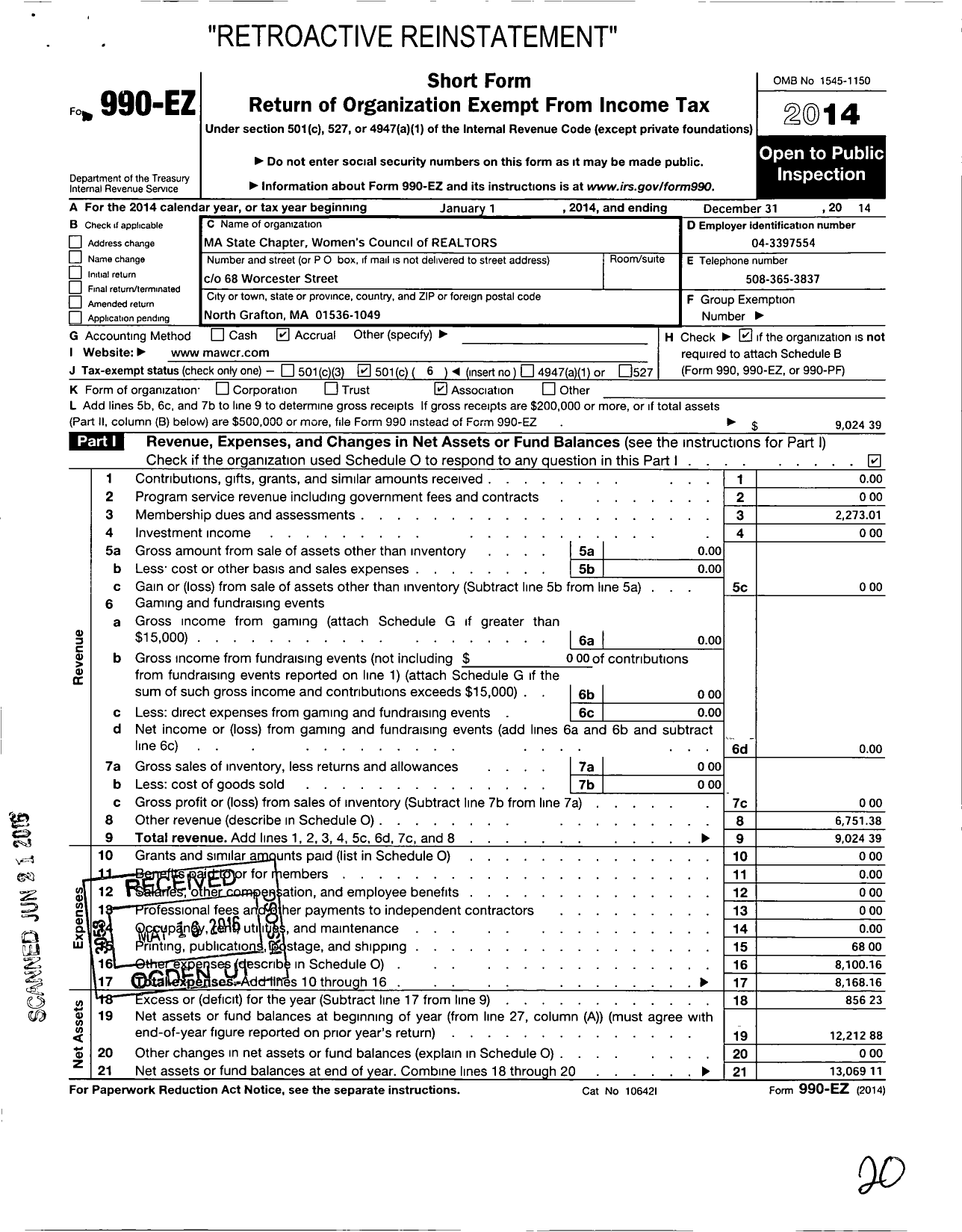 Image of first page of 2014 Form 990EO for Ma State Chapter of the Womens Council of Realtors