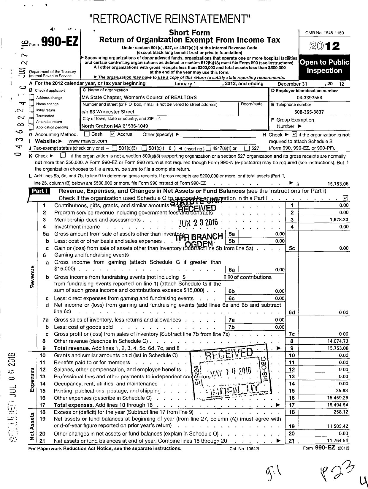 Image of first page of 2012 Form 990EO for Ma State Chapter of the Womens Council of Realtors