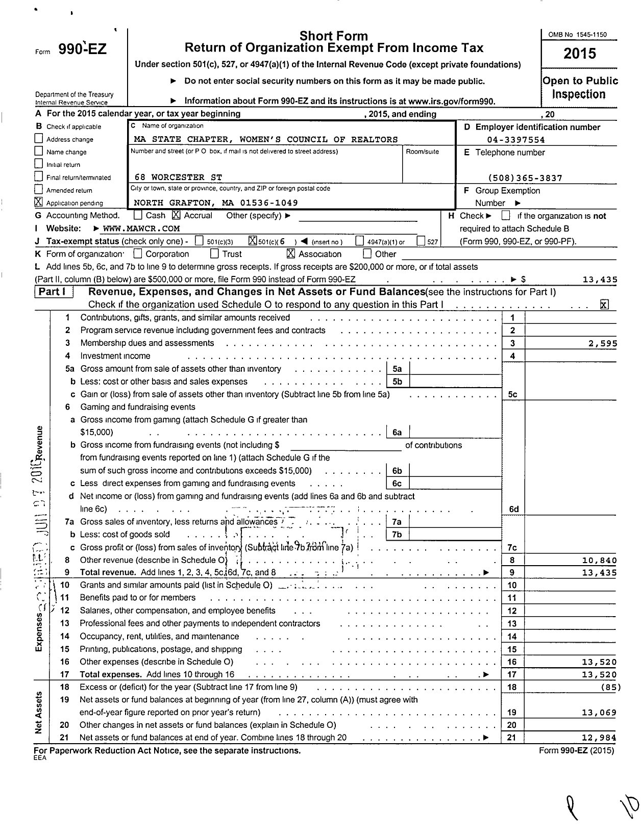 Image of first page of 2015 Form 990EO for Ma State Chapter of the Womens Council of Realtors