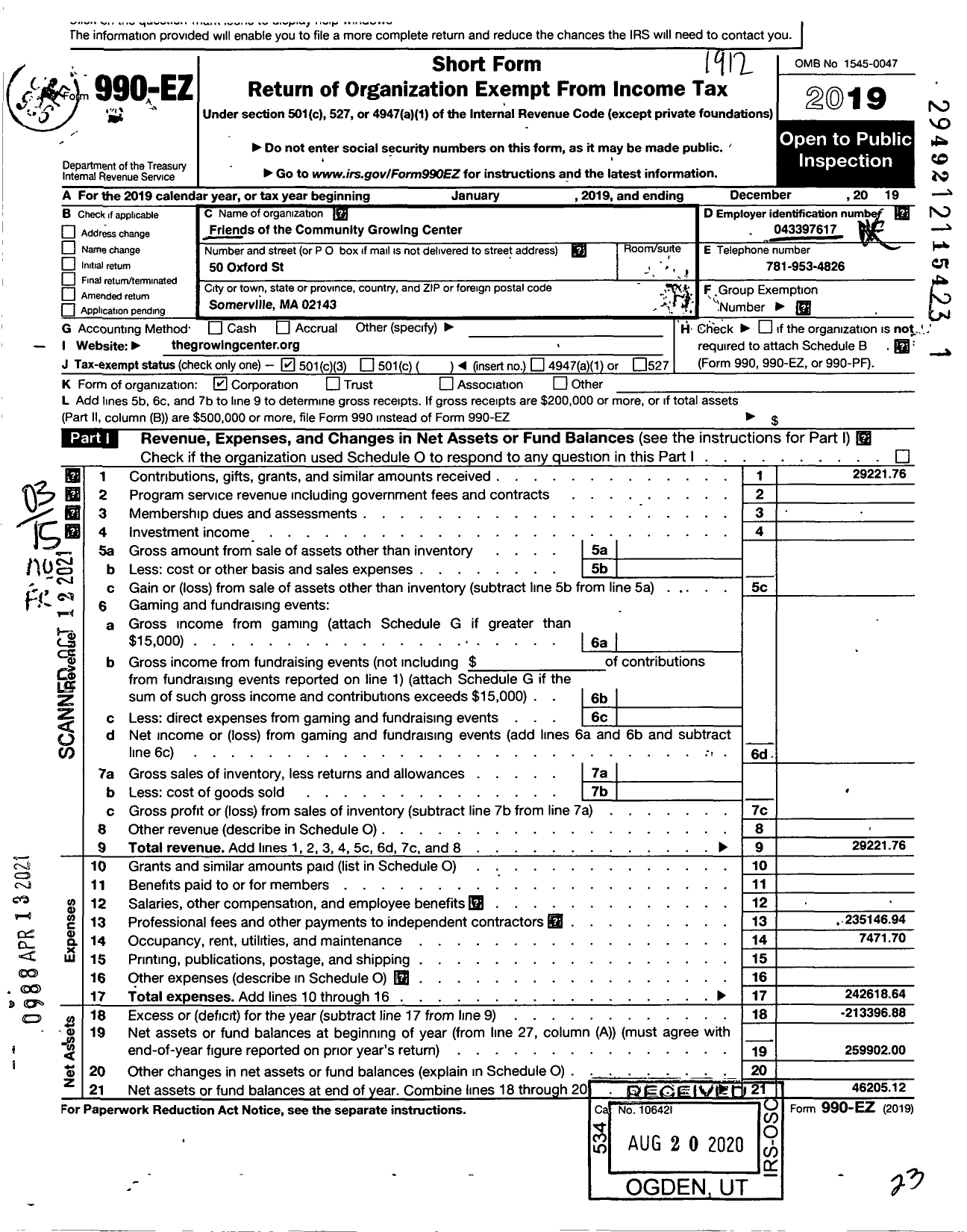 Image of first page of 2019 Form 990EZ for Friends of the Community Growing Center