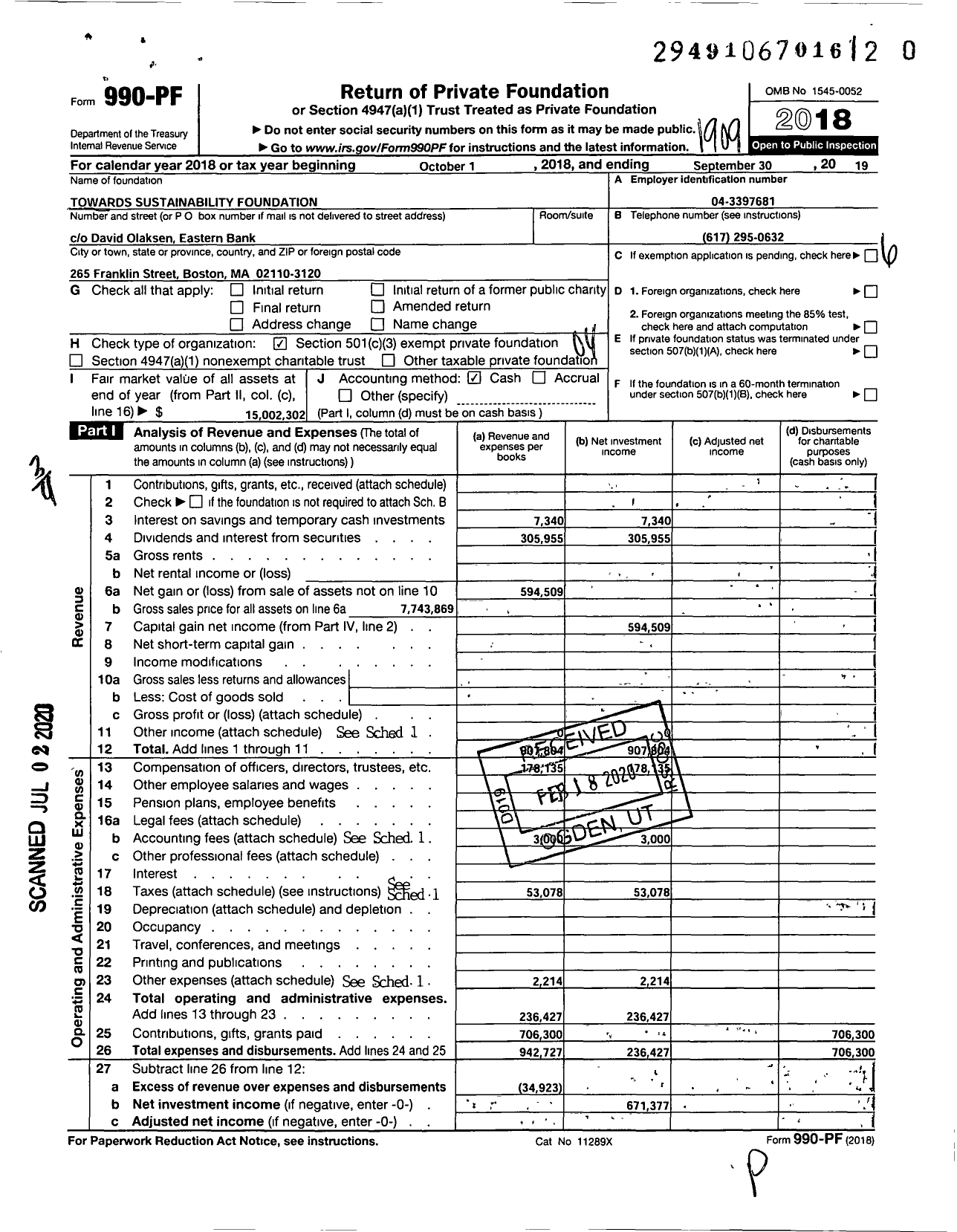 Image of first page of 2018 Form 990PR for Towards Sustainability Foundation