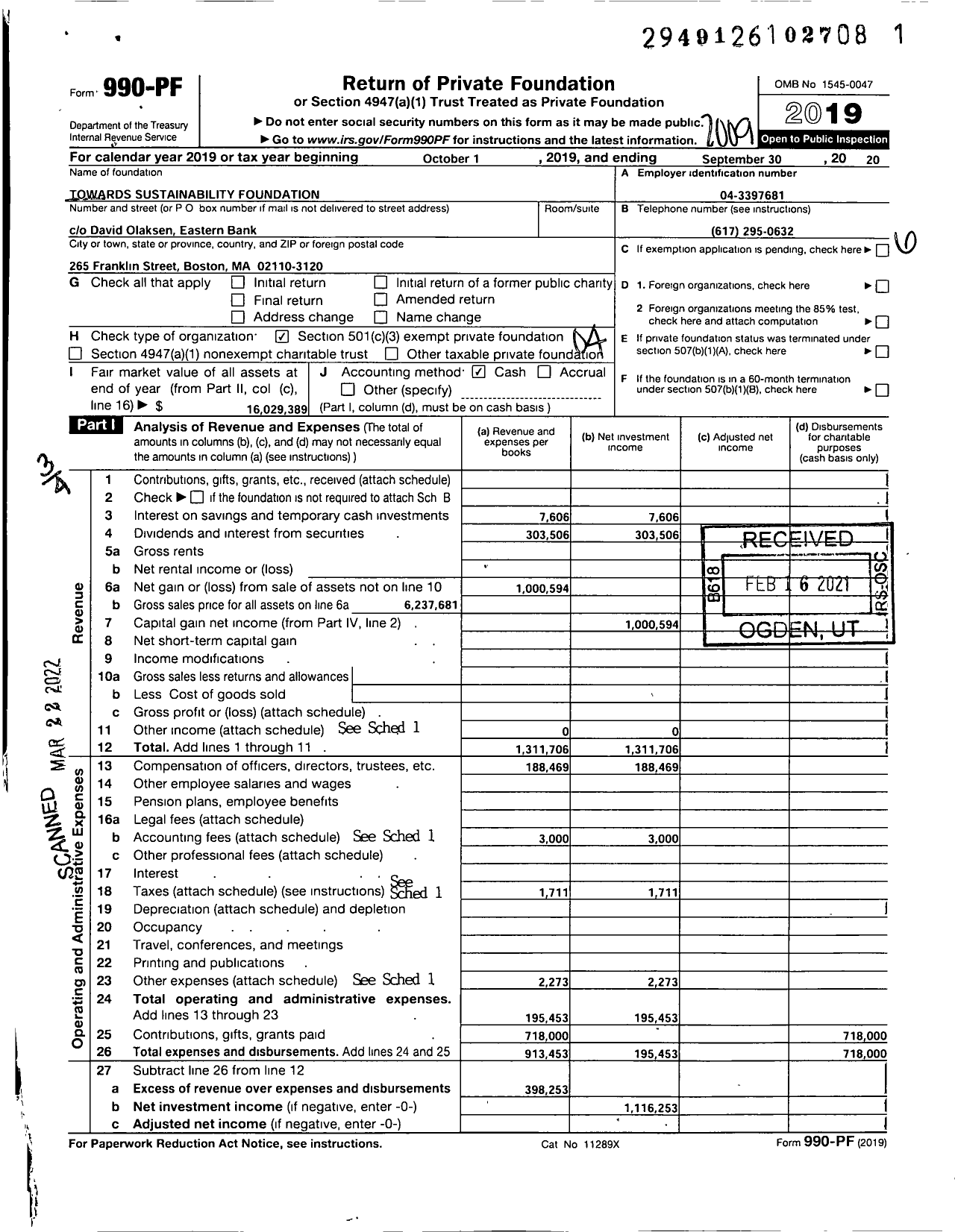 Image of first page of 2019 Form 990PF for Towards Sustainability Foundation