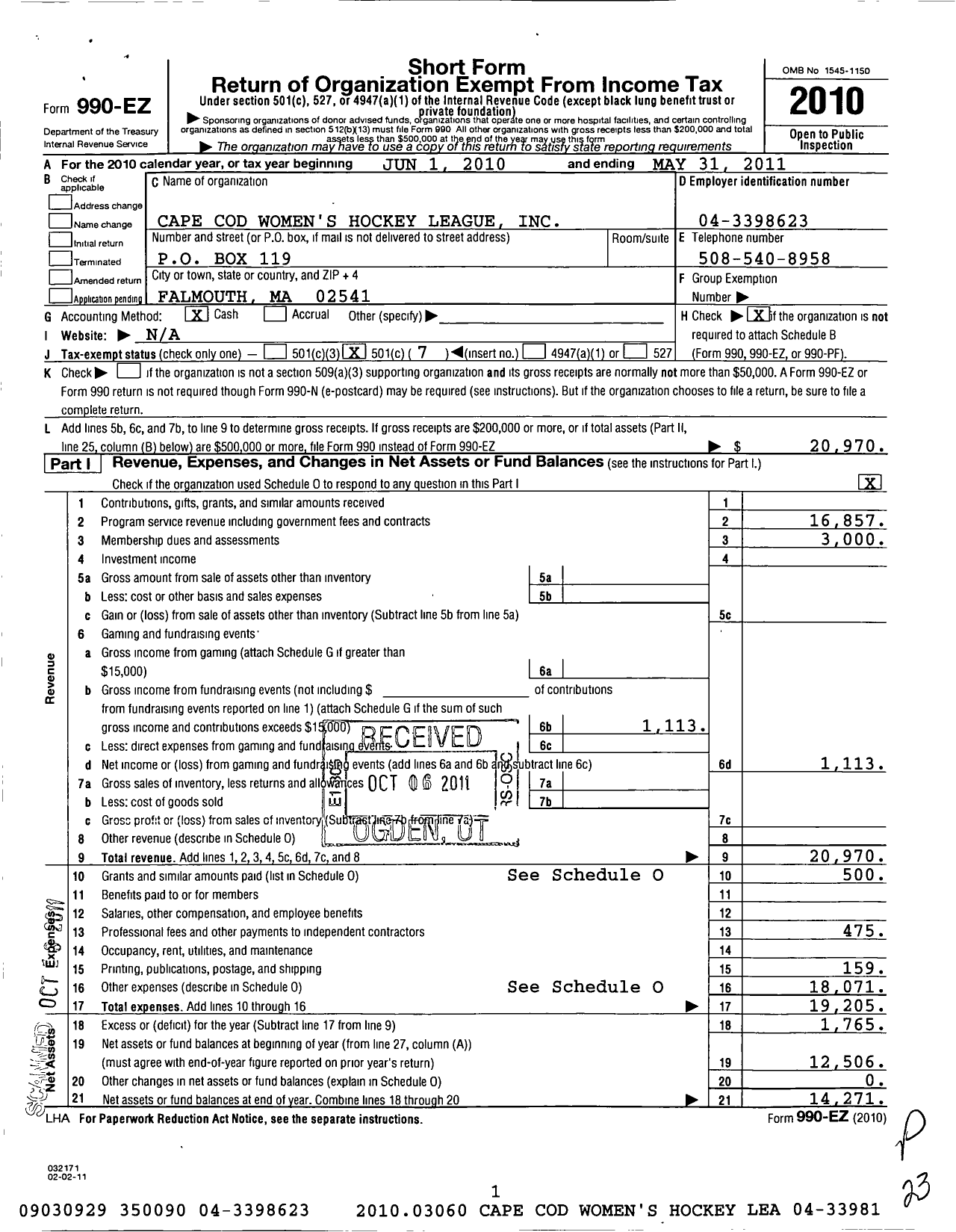 Image of first page of 2010 Form 990EO for Cape Cod Womens Hockey League