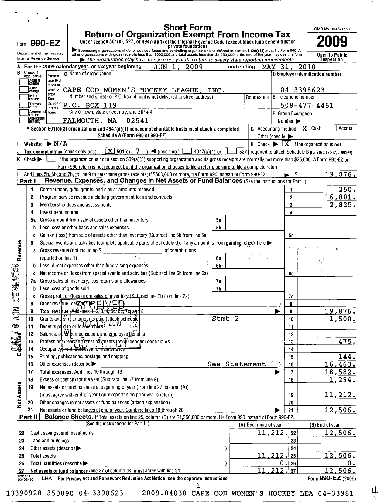 Image of first page of 2009 Form 990EO for Cape Cod Womens Hockey League