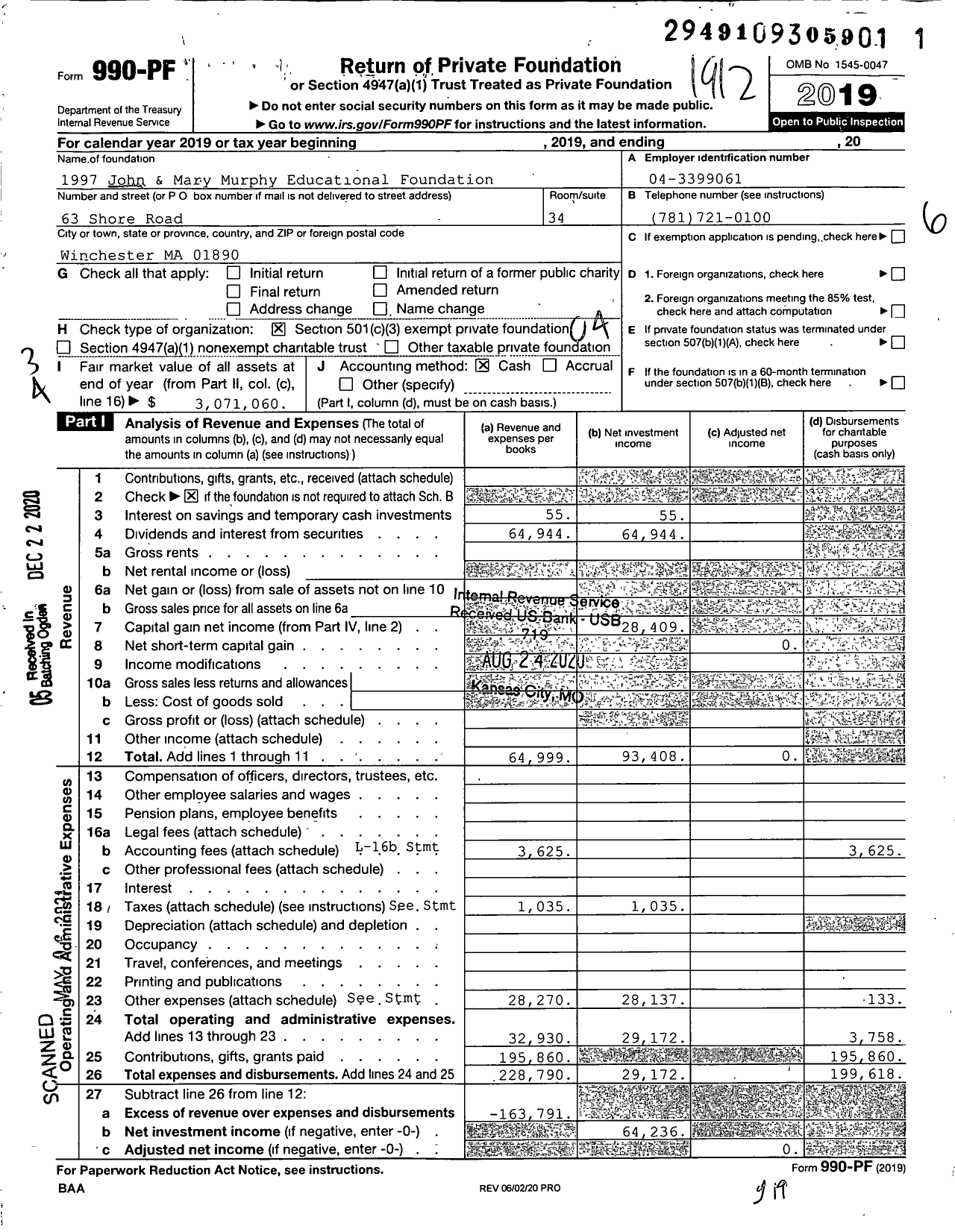 Image of first page of 2019 Form 990PF for 1997 John & Mary Murphy Educational Foundation