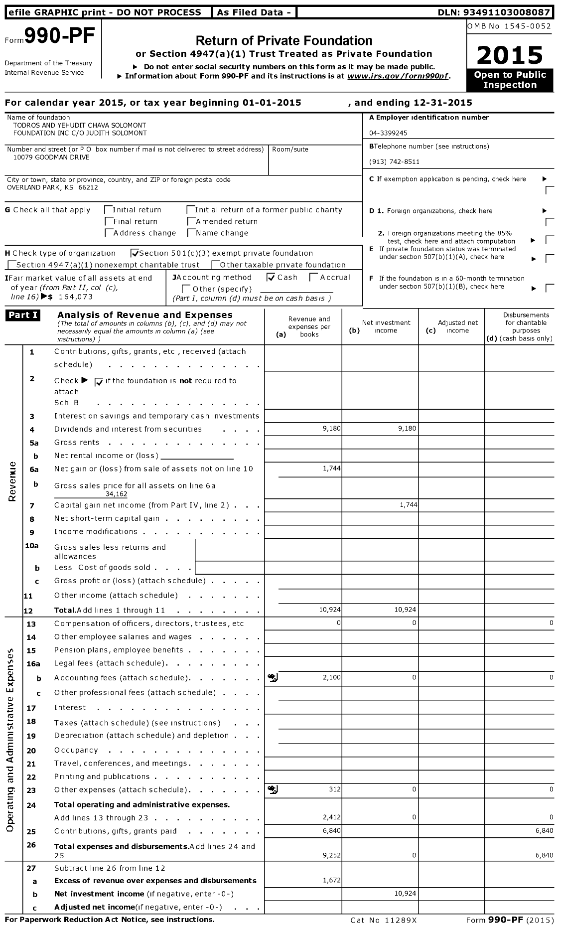 Image of first page of 2015 Form 990PF for Todros and Yehudit Chava Solomont Foundation