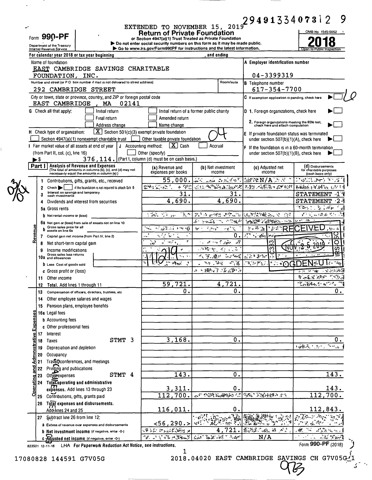 Image of first page of 2018 Form 990PF for East Cambridge Savings Charitable Foundation