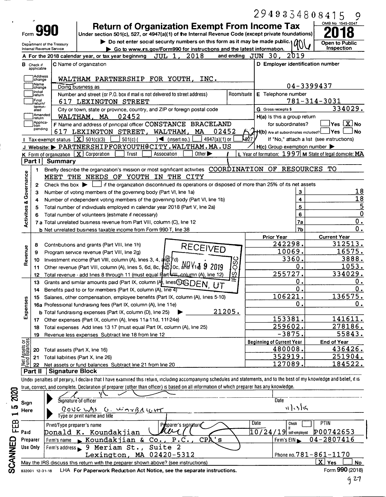 Image of first page of 2018 Form 990 for Waltham Partnership for Youth