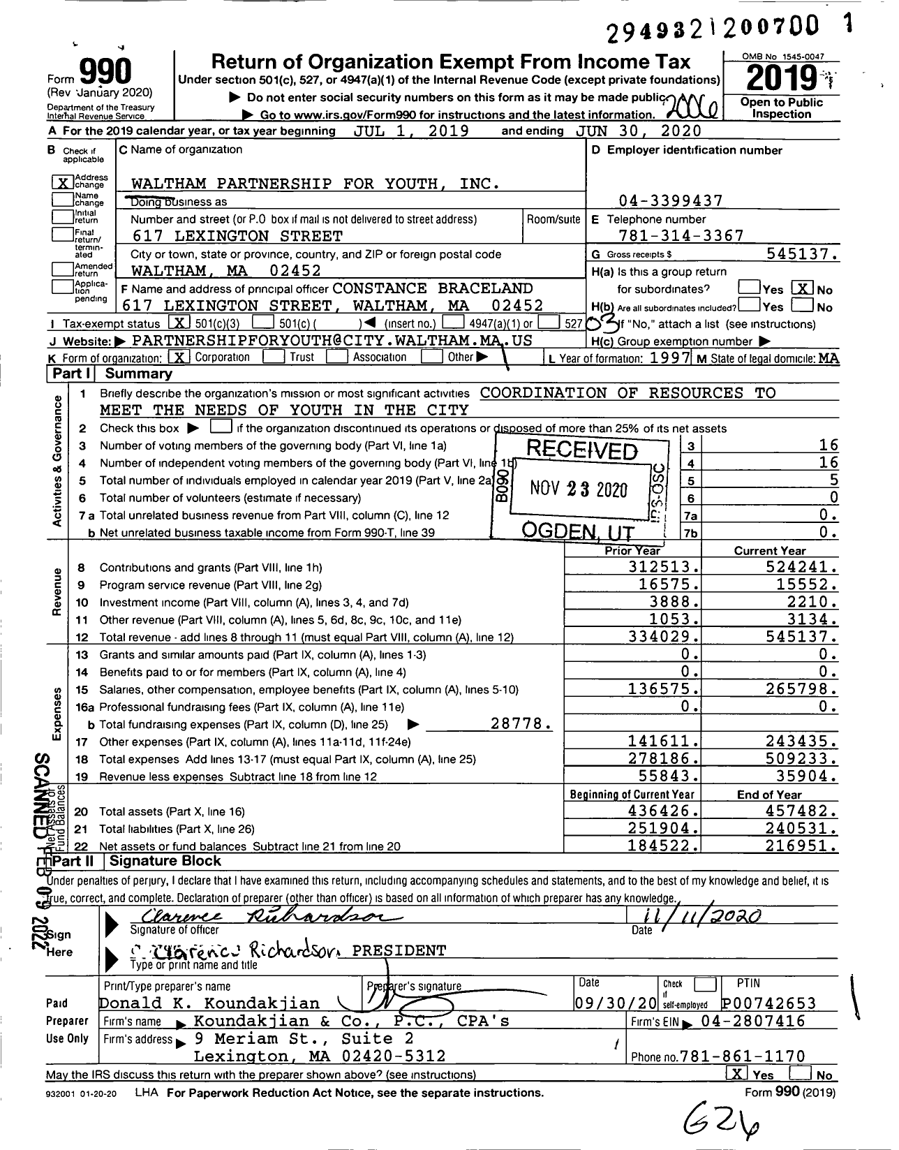 Image of first page of 2019 Form 990 for Waltham Partnership for Youth