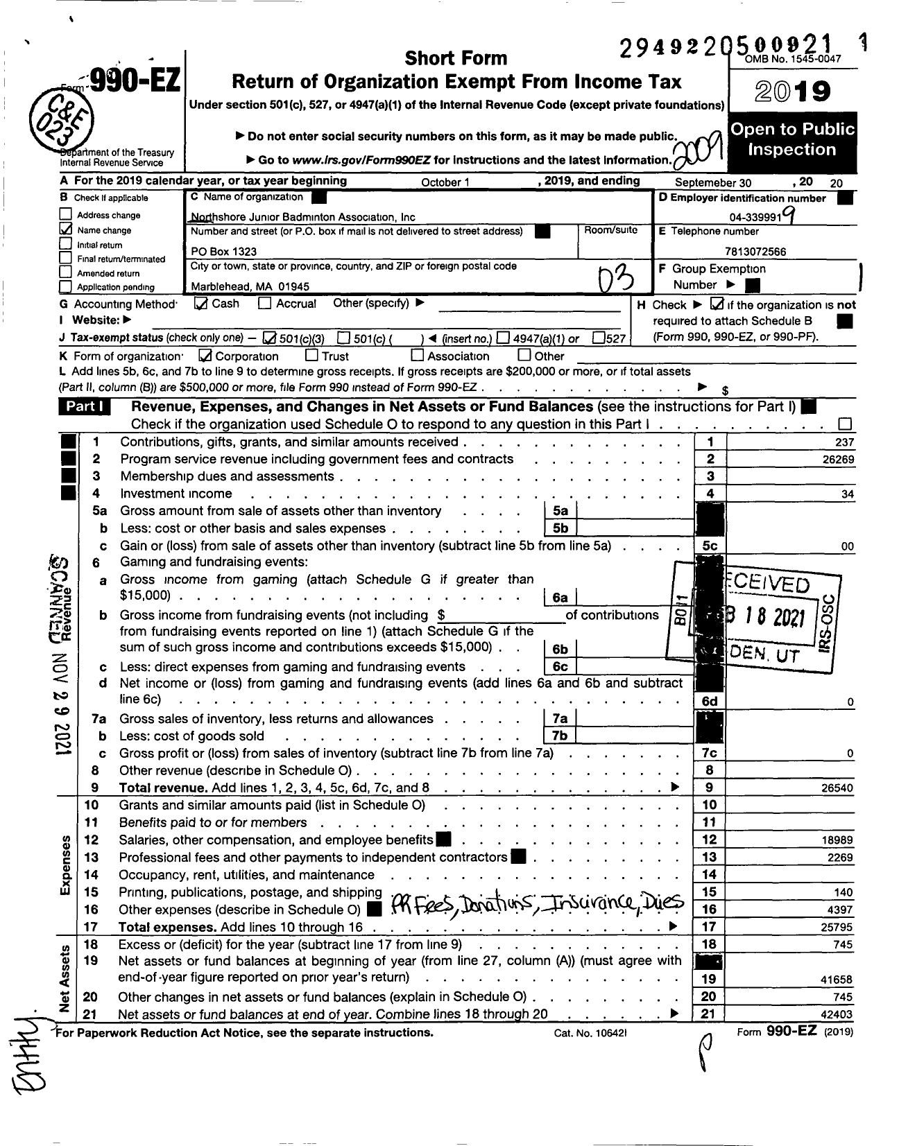 Image of first page of 2019 Form 990EZ for Northshore Junior Badminton Association