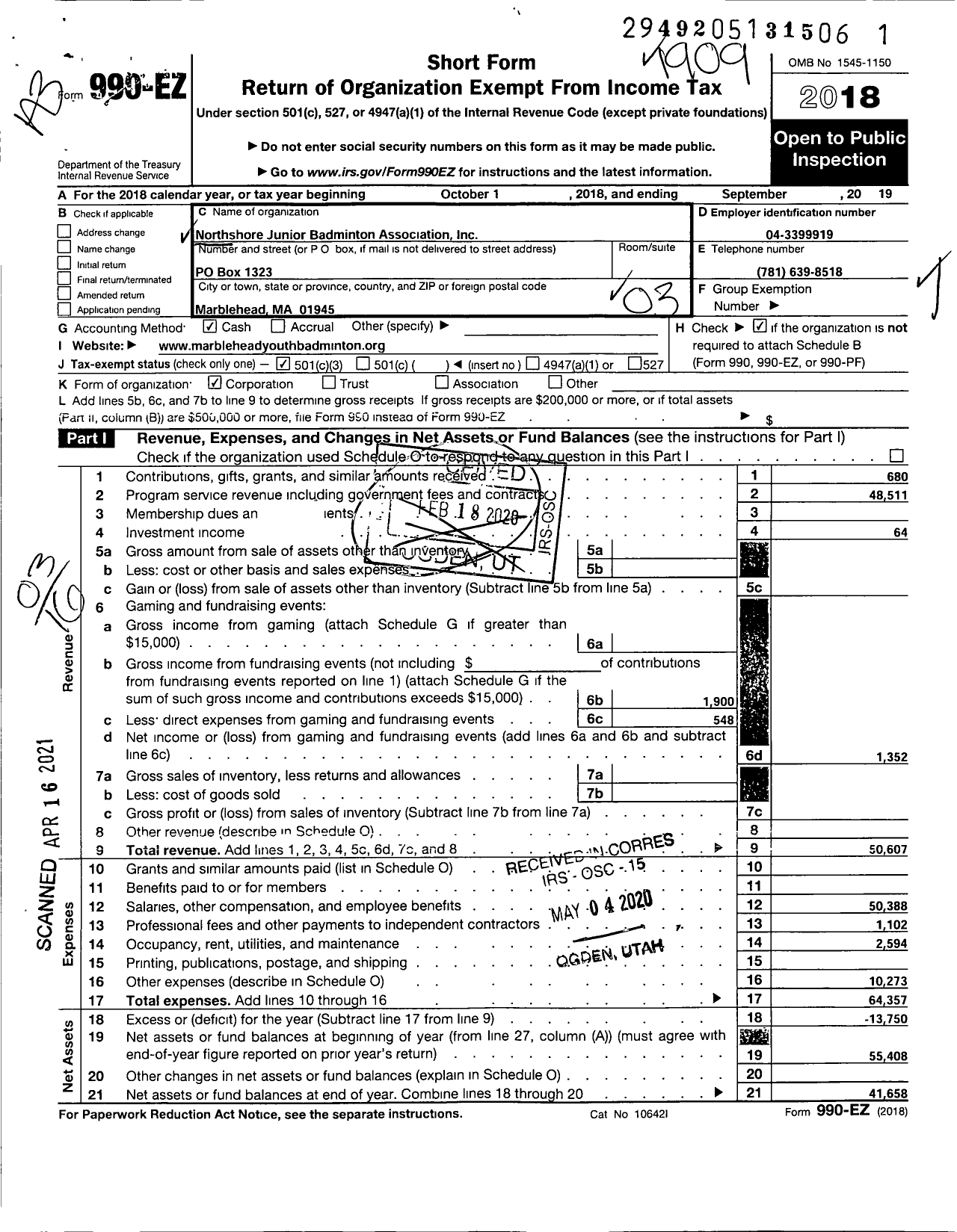 Image of first page of 2018 Form 990EZ for Northshore Junior Badminton Association