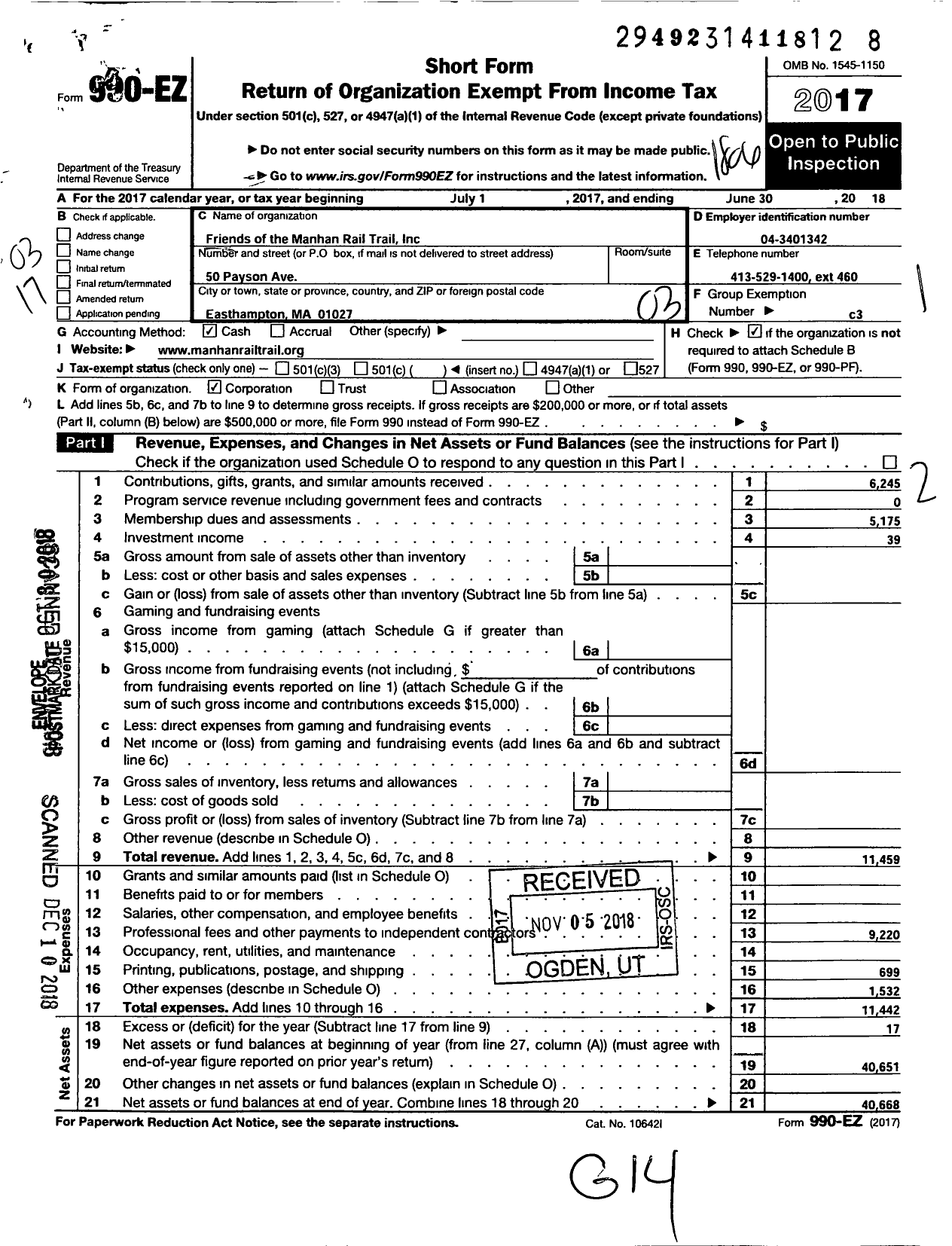 Image of first page of 2017 Form 990EZ for Friends of the Manhan Rail Trail