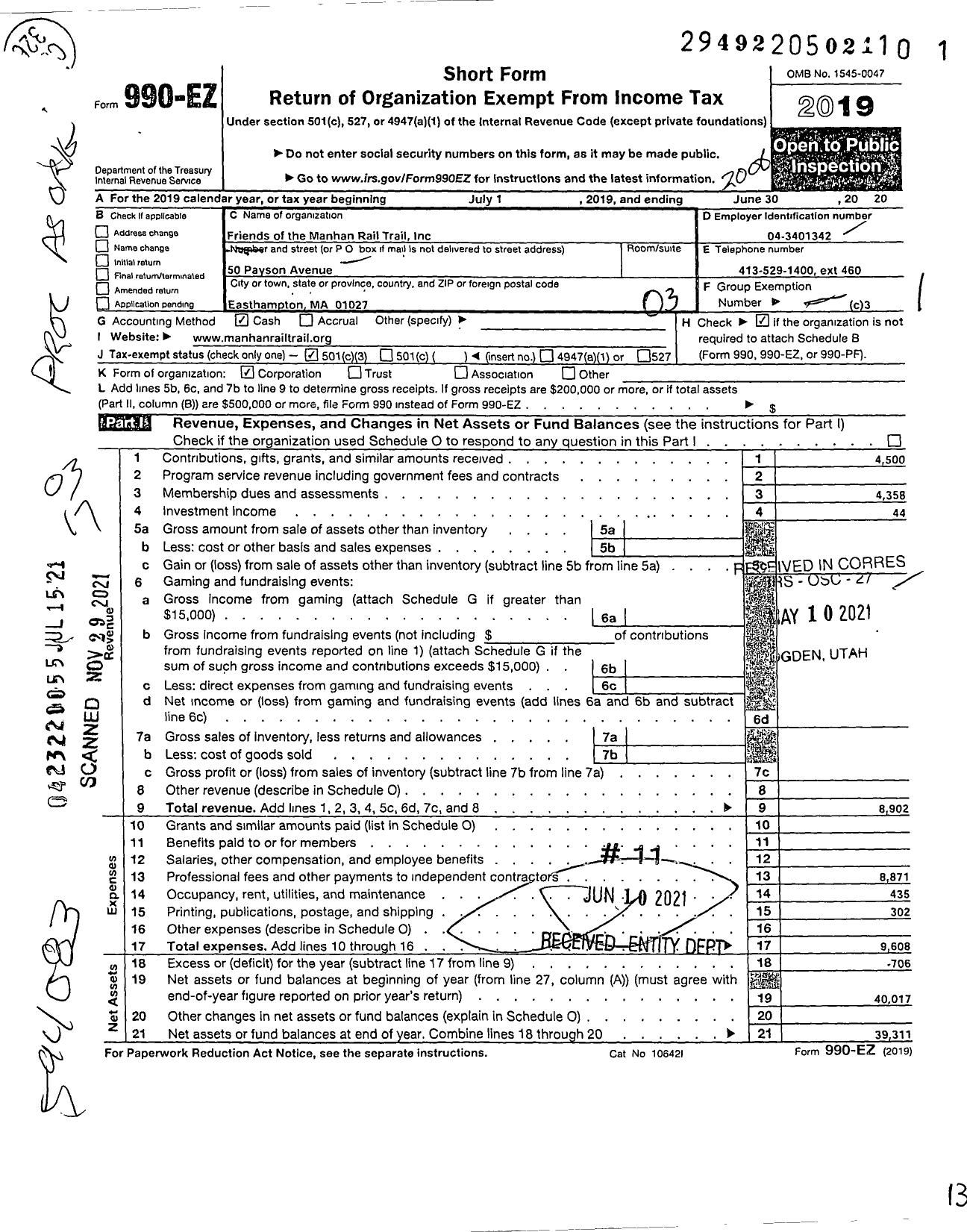 Image of first page of 2019 Form 990EZ for Friends of the Manhan Rail Trail