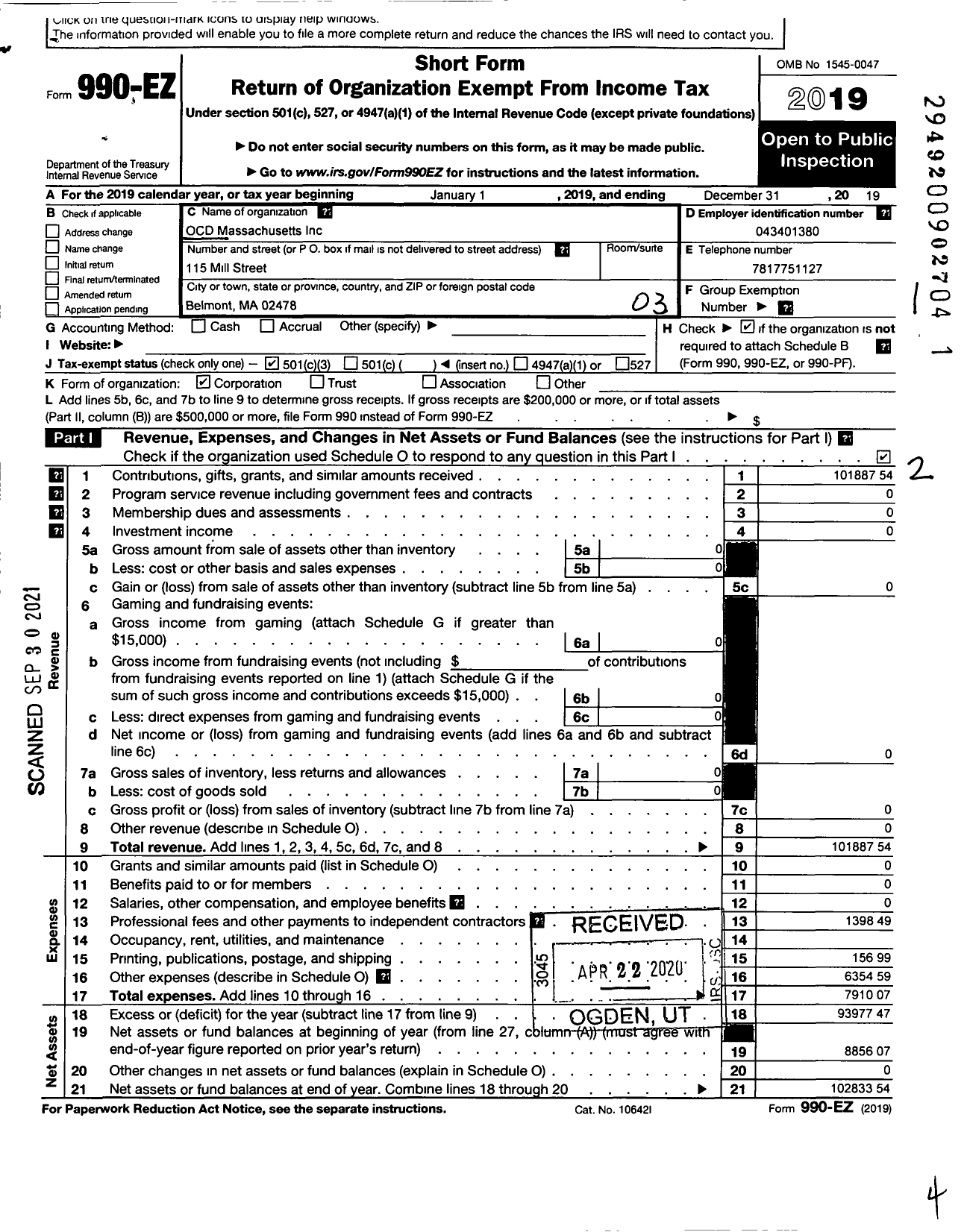 Image of first page of 2019 Form 990EZ for Obessive Compulsive Foundation