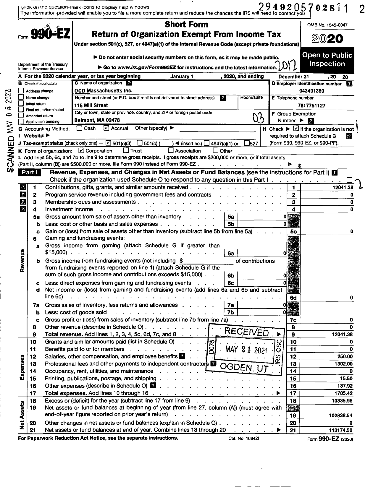 Image of first page of 2020 Form 990EZ for Obessive Compulsive Foundation