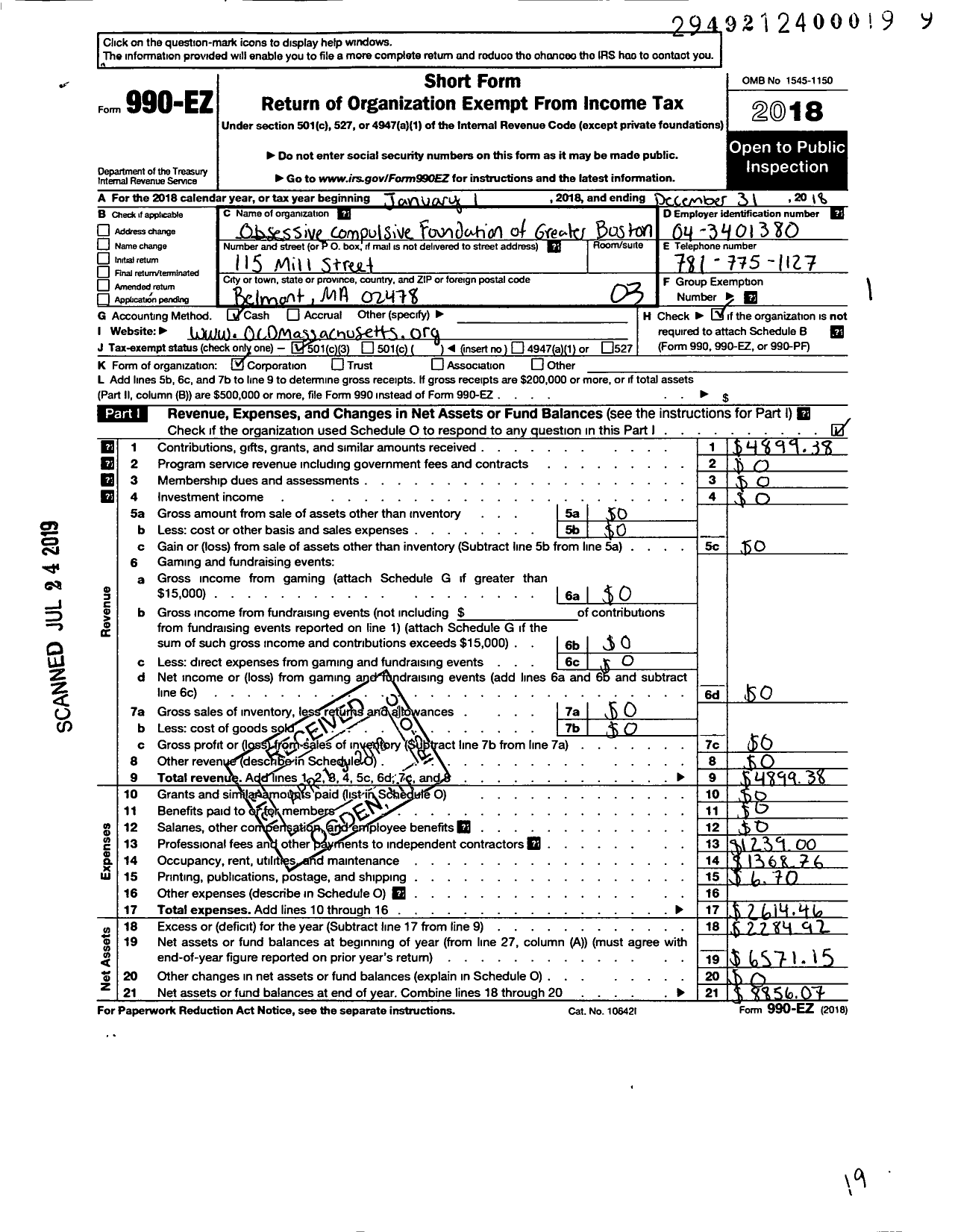 Image of first page of 2018 Form 990EZ for Obessive Compulsive Foundation