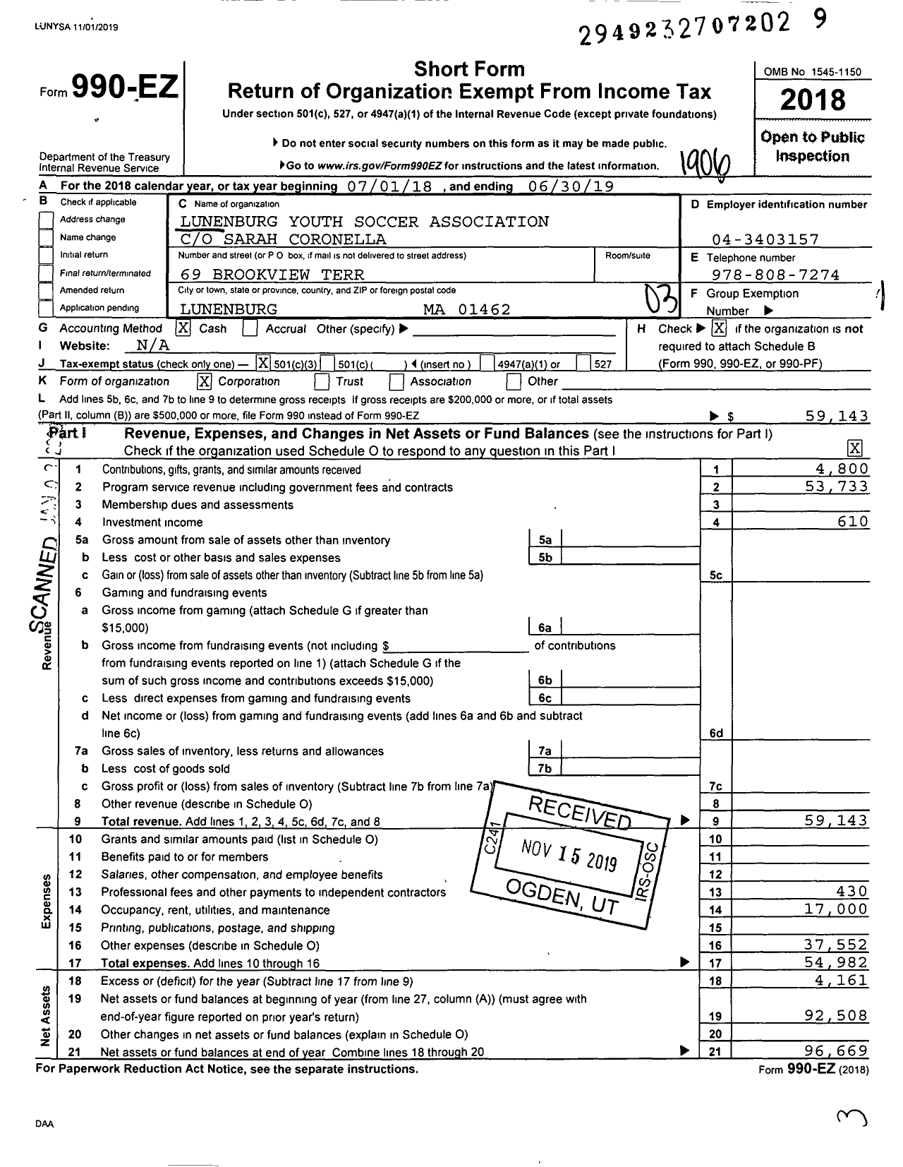 Image of first page of 2018 Form 990EZ for Lunenburg Youth Soccer Association