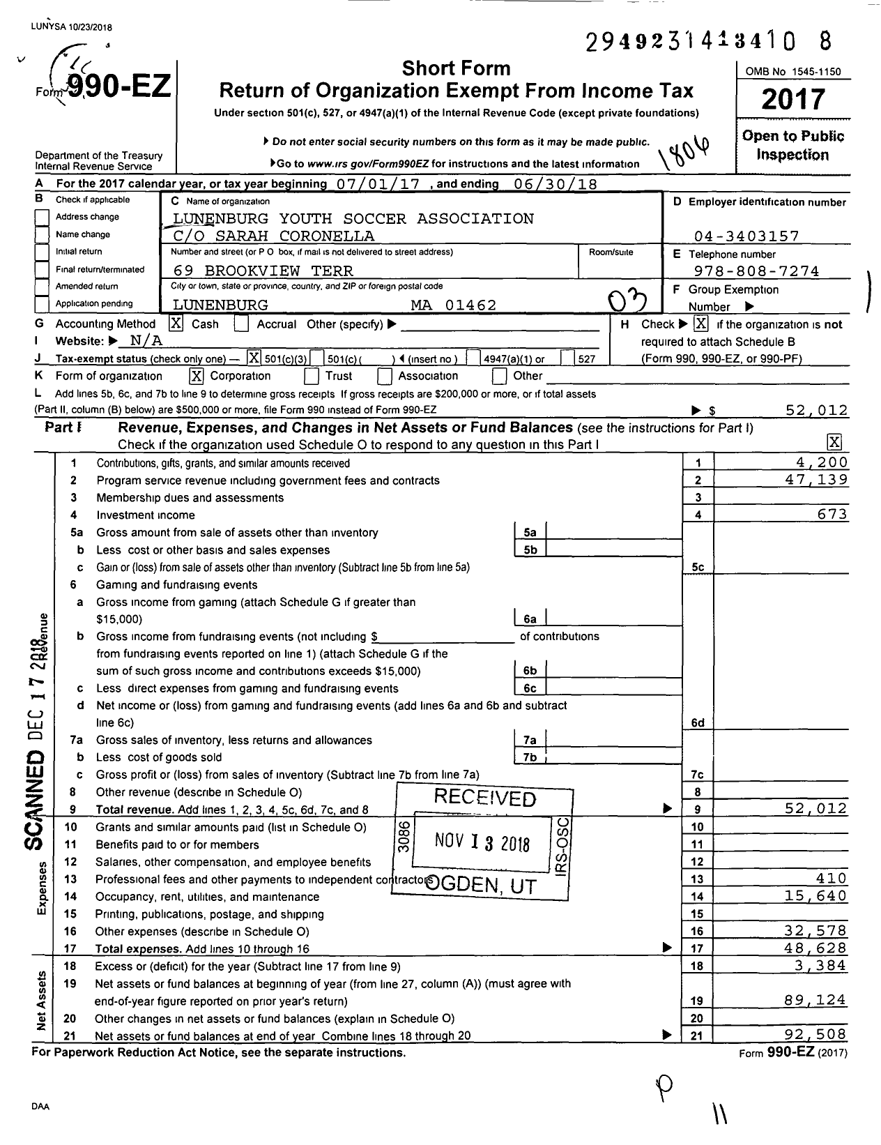 Image of first page of 2017 Form 990 for Lunenburg Youth Soccer Association