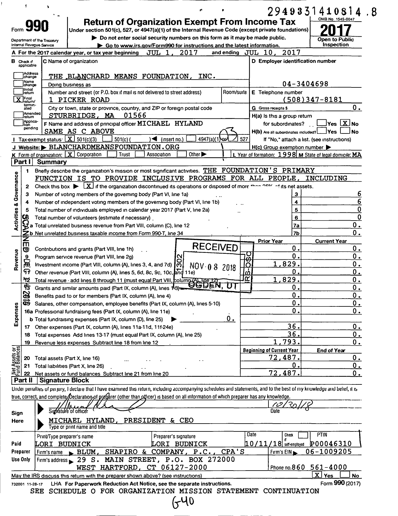 Image of first page of 2017 Form 990 for The Blanchard Means Foundation