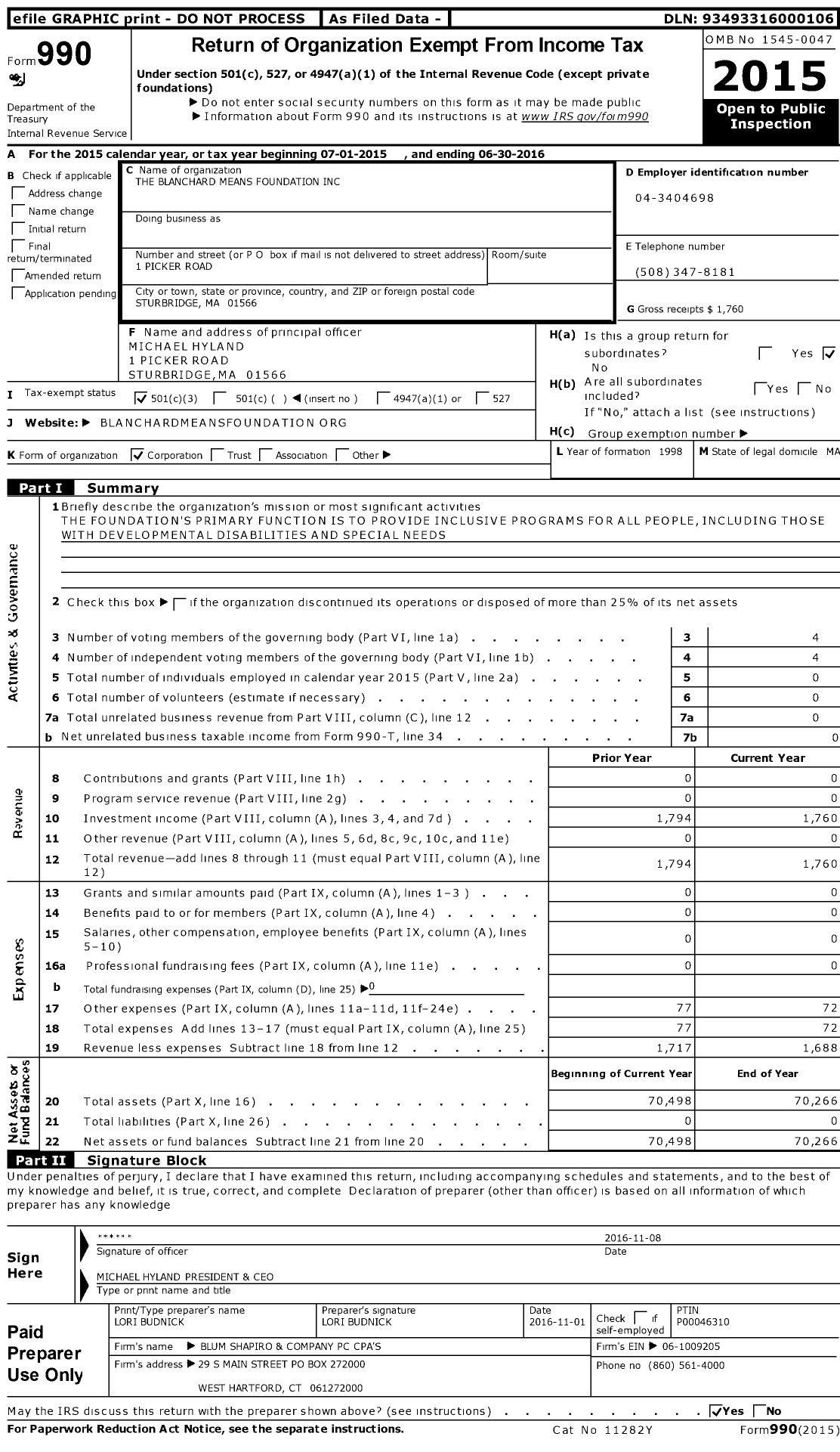 Image of first page of 2015 Form 990 for The Blanchard Means Foundation