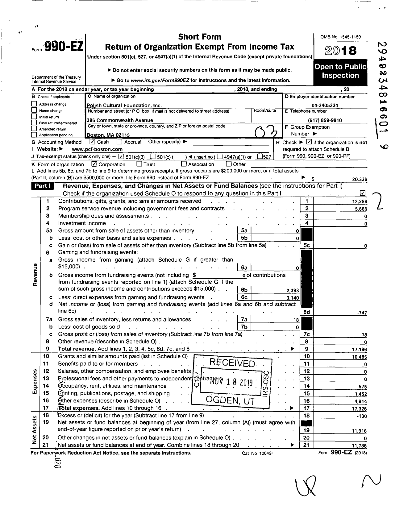 Image of first page of 2018 Form 990EZ for Polish Cultural Foundation