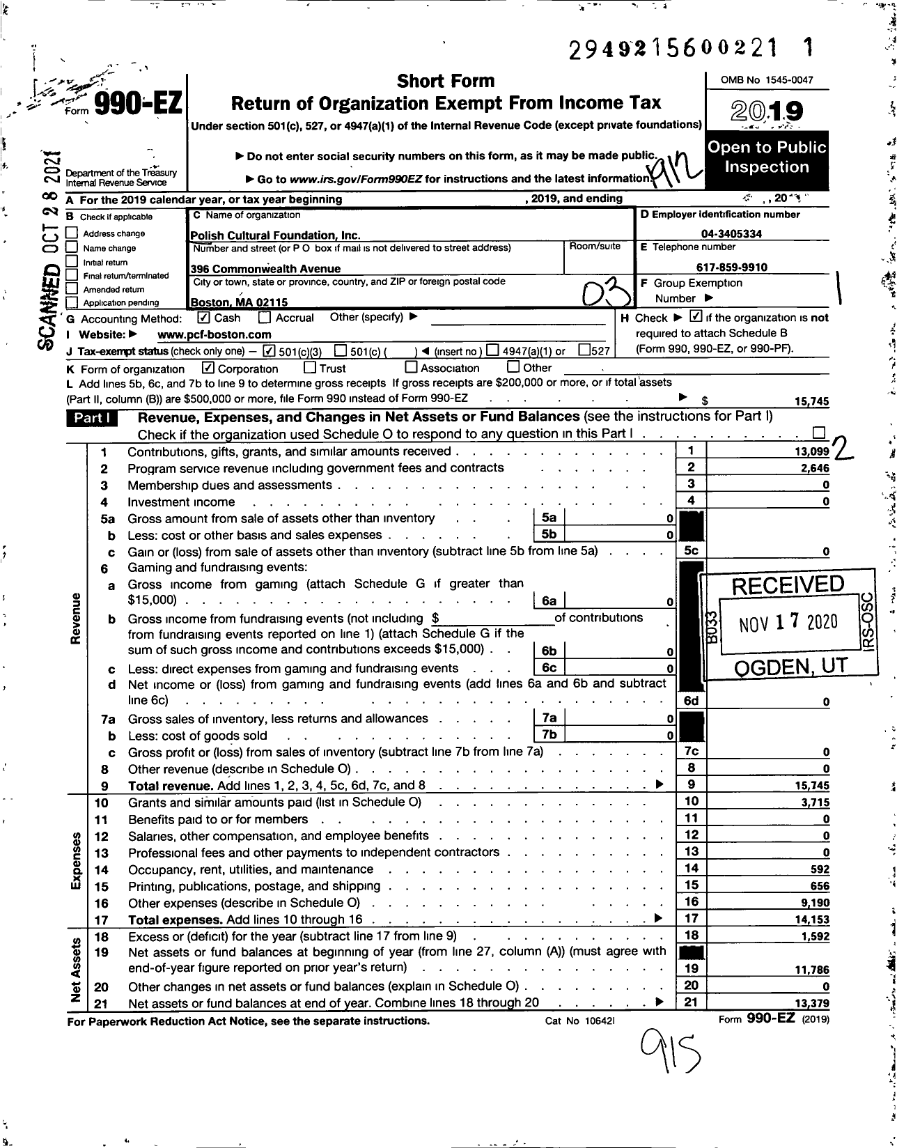 Image of first page of 2019 Form 990EZ for Polish Cultural Foundation