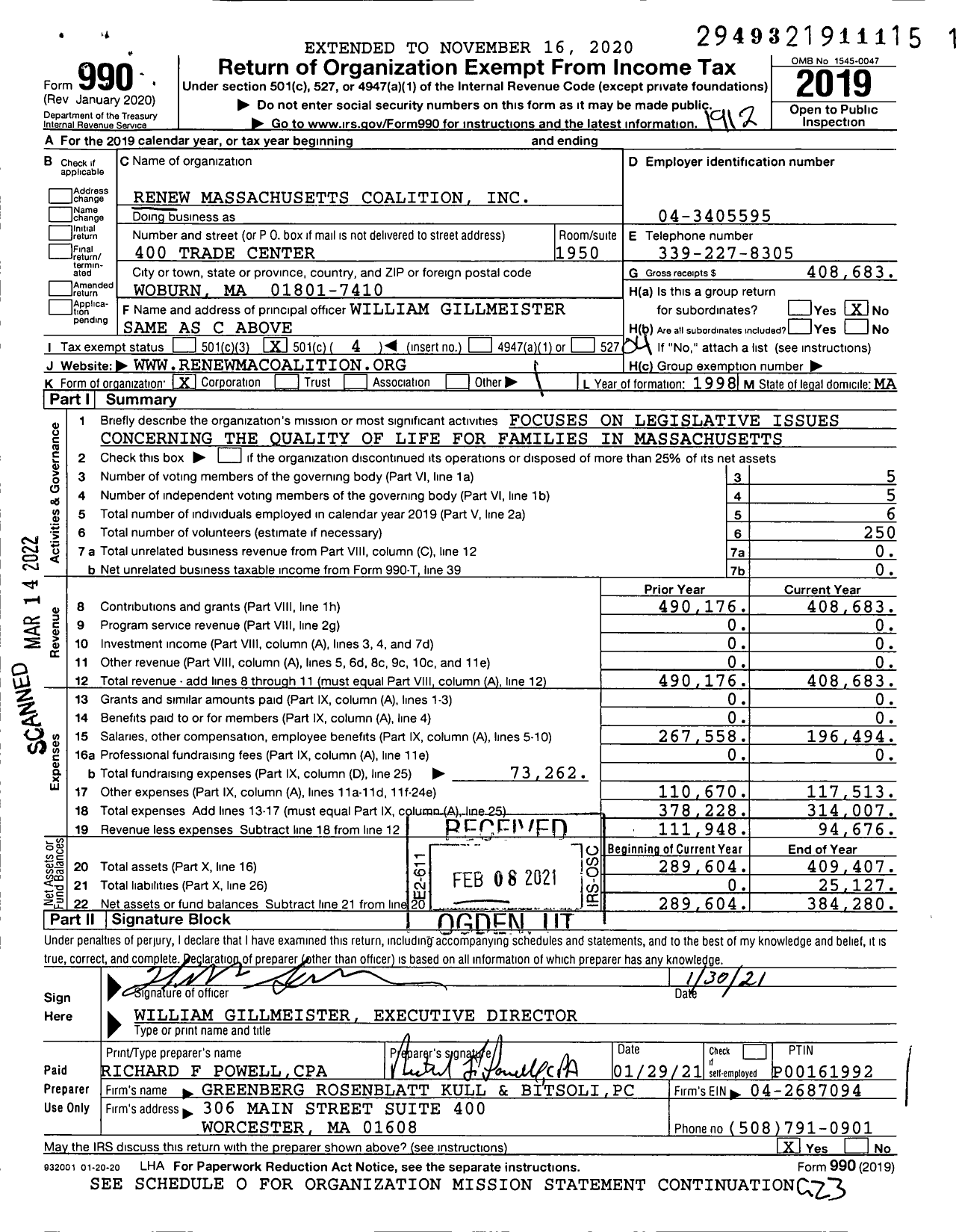 Image of first page of 2019 Form 990O for Renew Massachusetts Coalition
