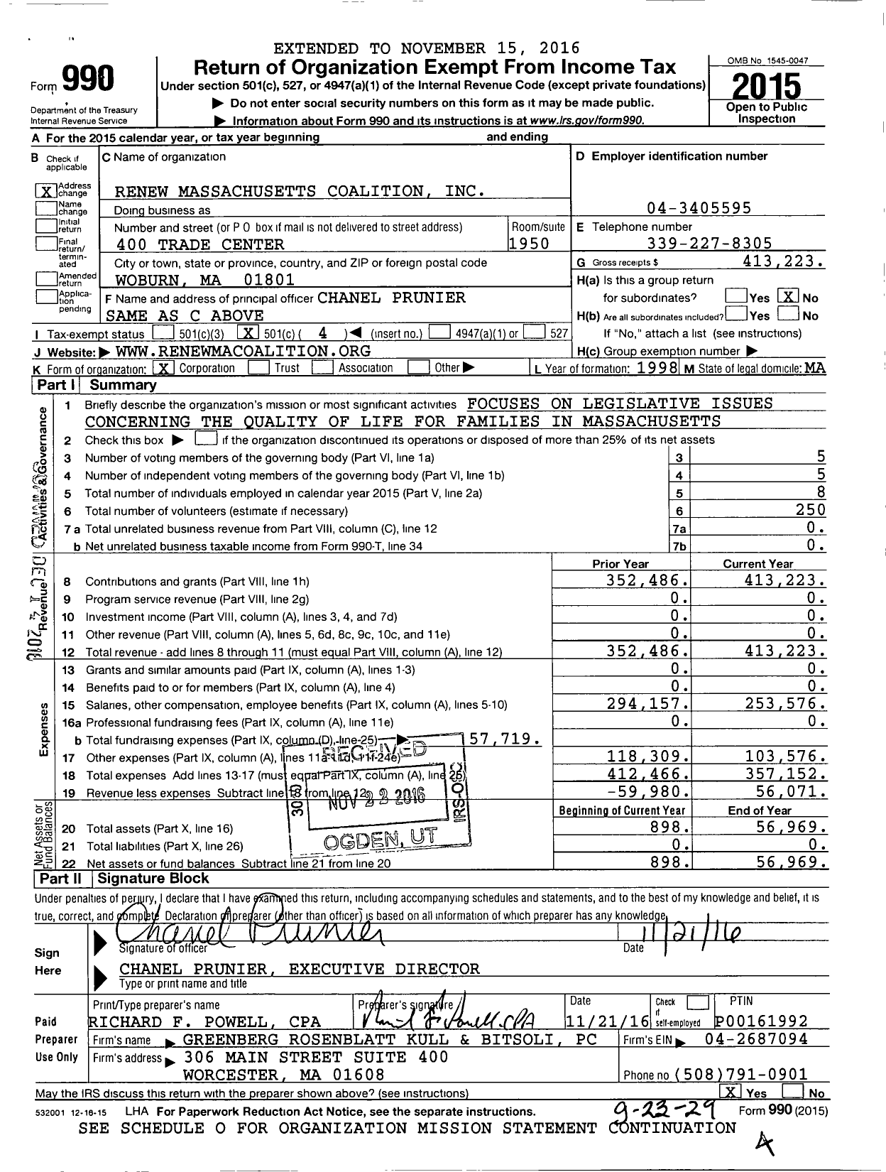 Image of first page of 2015 Form 990O for Renew Massachusetts Coalition