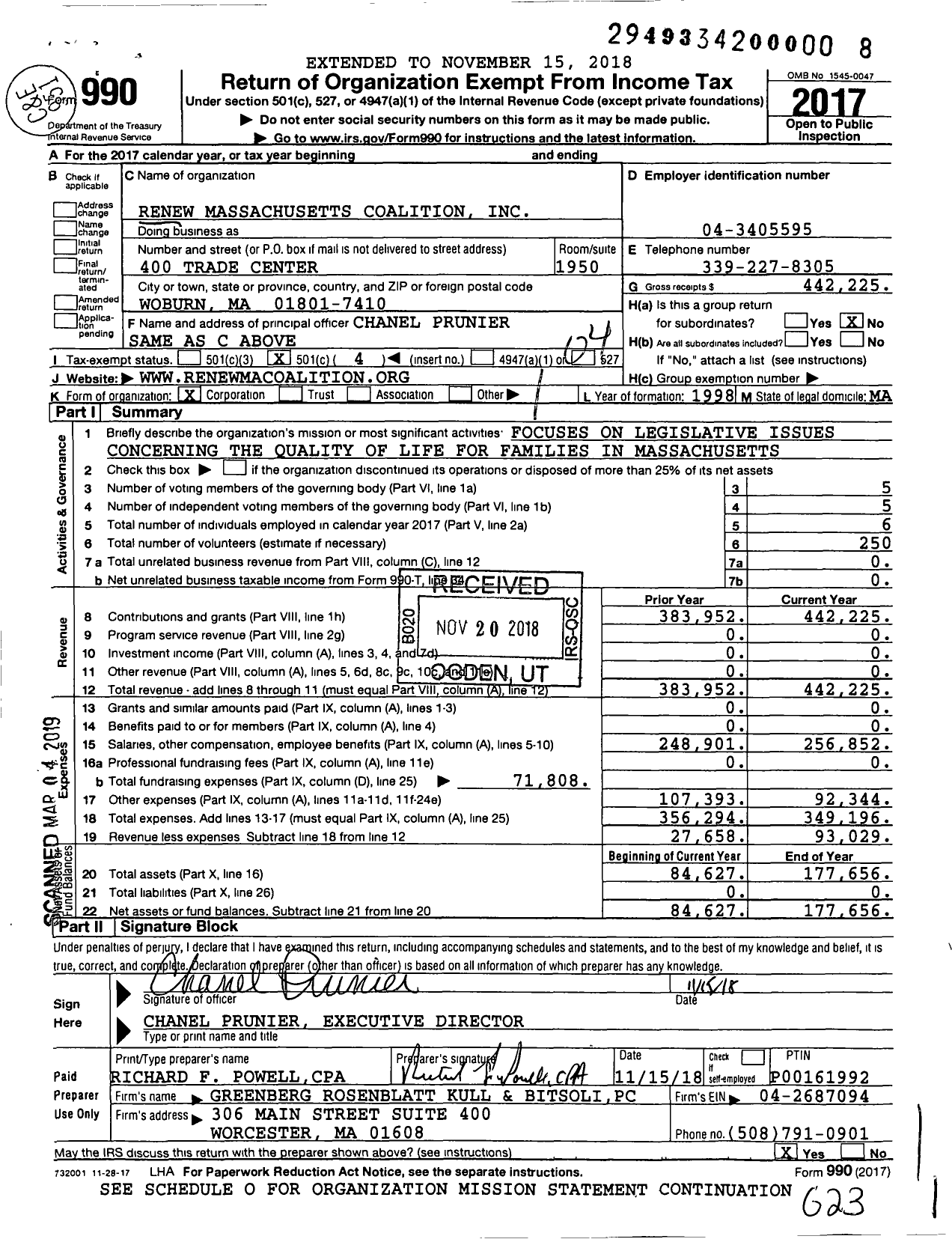Image of first page of 2017 Form 990O for Renew Massachusetts Coalition