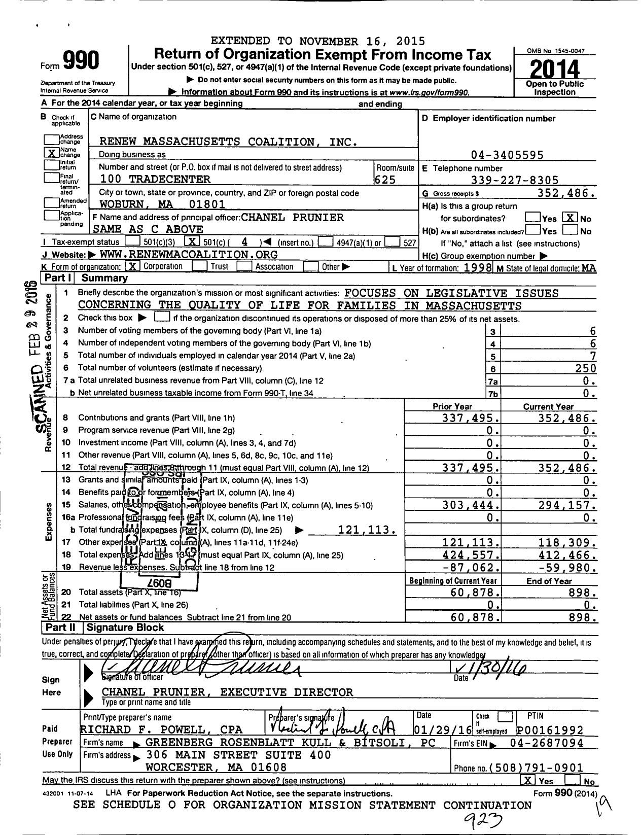 Image of first page of 2014 Form 990O for Renew Massachusetts Coalition