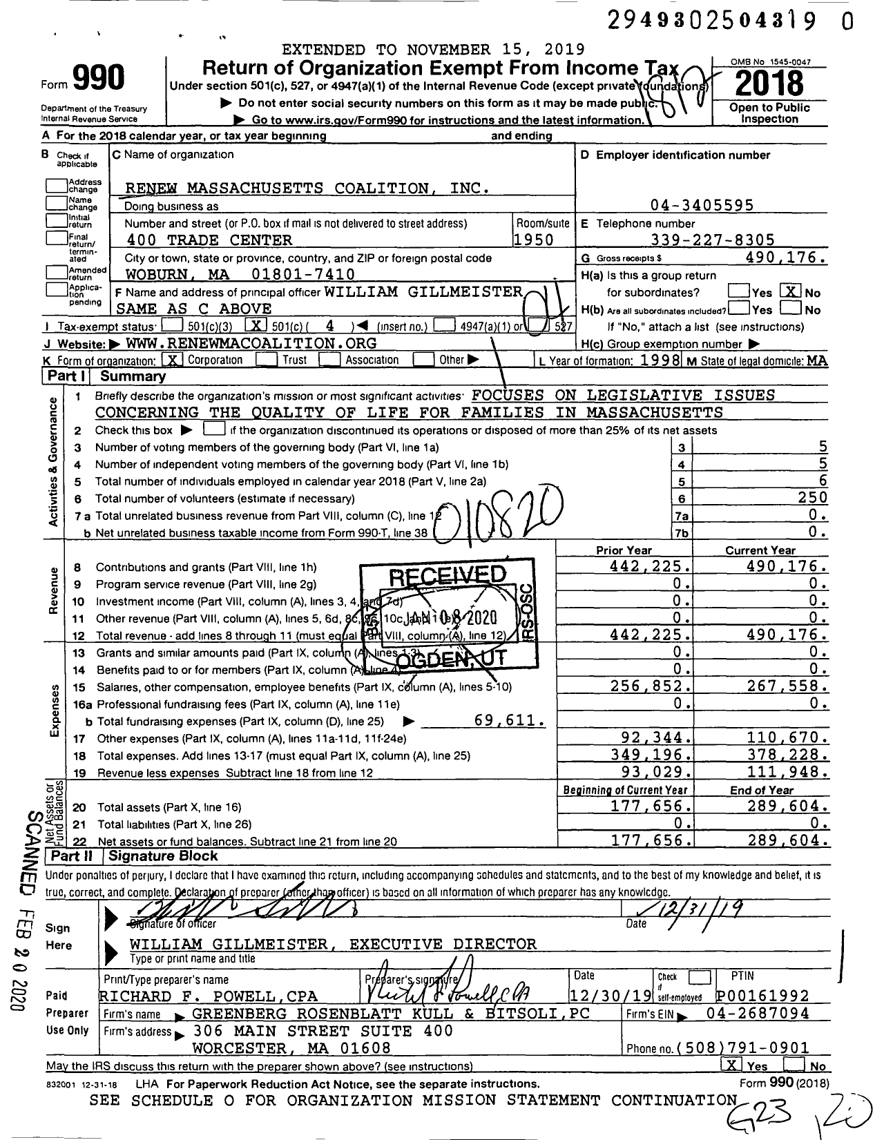 Image of first page of 2018 Form 990O for Renew Massachusetts Coalition