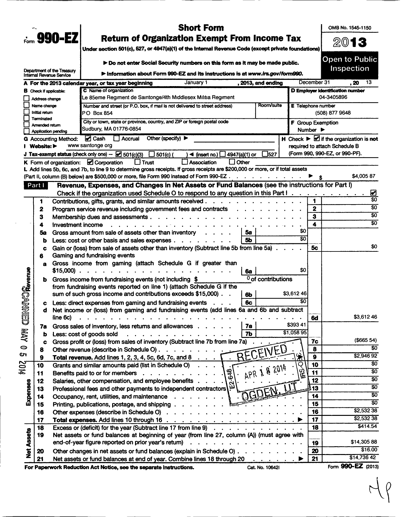 Image of first page of 2013 Form 990EZ for Le 85em Regiment de Saintonge 4th Middlesex Militia Regiment of Foot